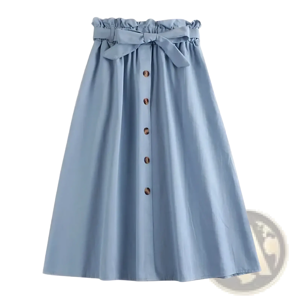 Light blue cotton midi skirt with high waist gathered waistband, matching bow, and five brown wooden buttons down front