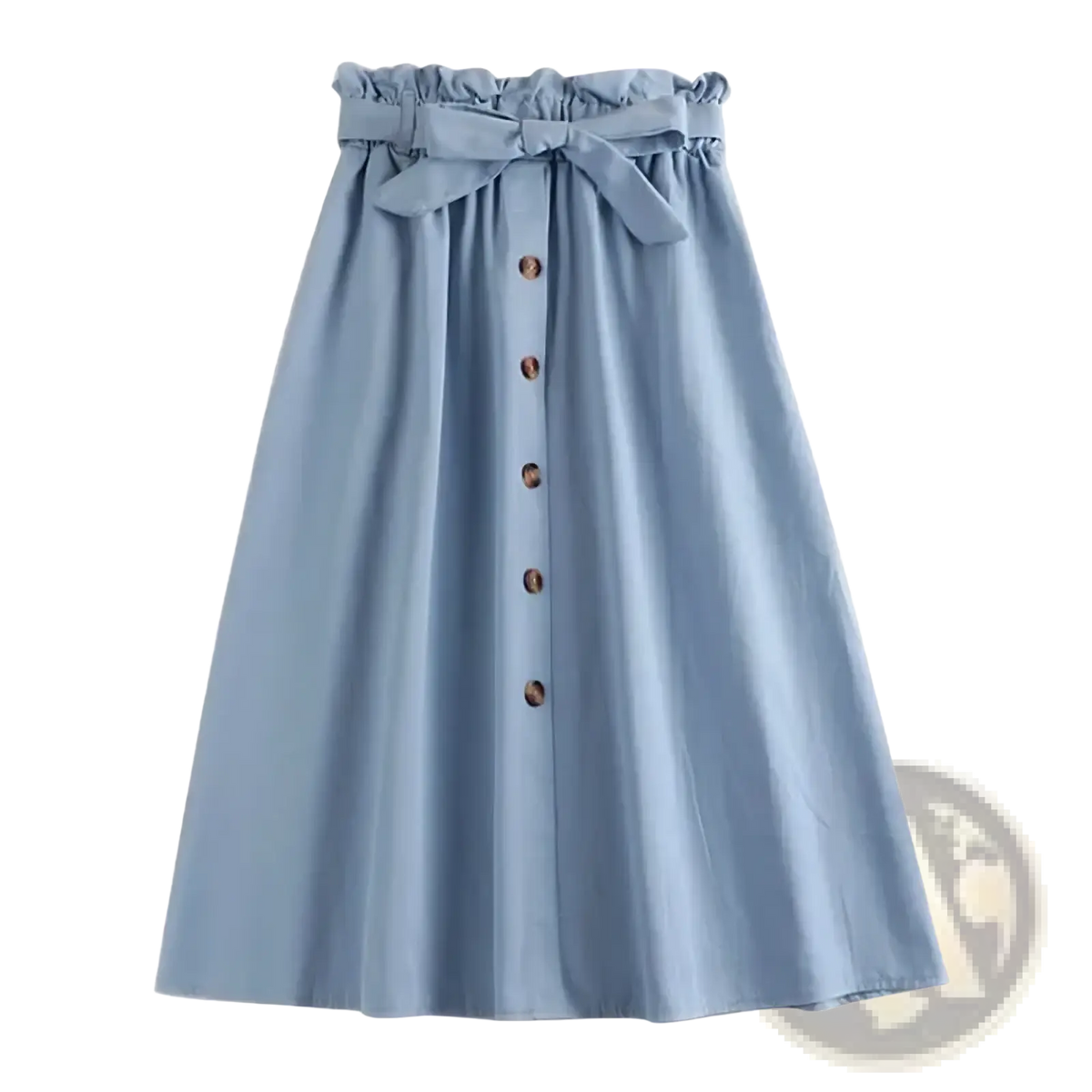 Light blue cotton midi skirt with high waist gathered waistband, matching bow, and five brown wooden buttons down front