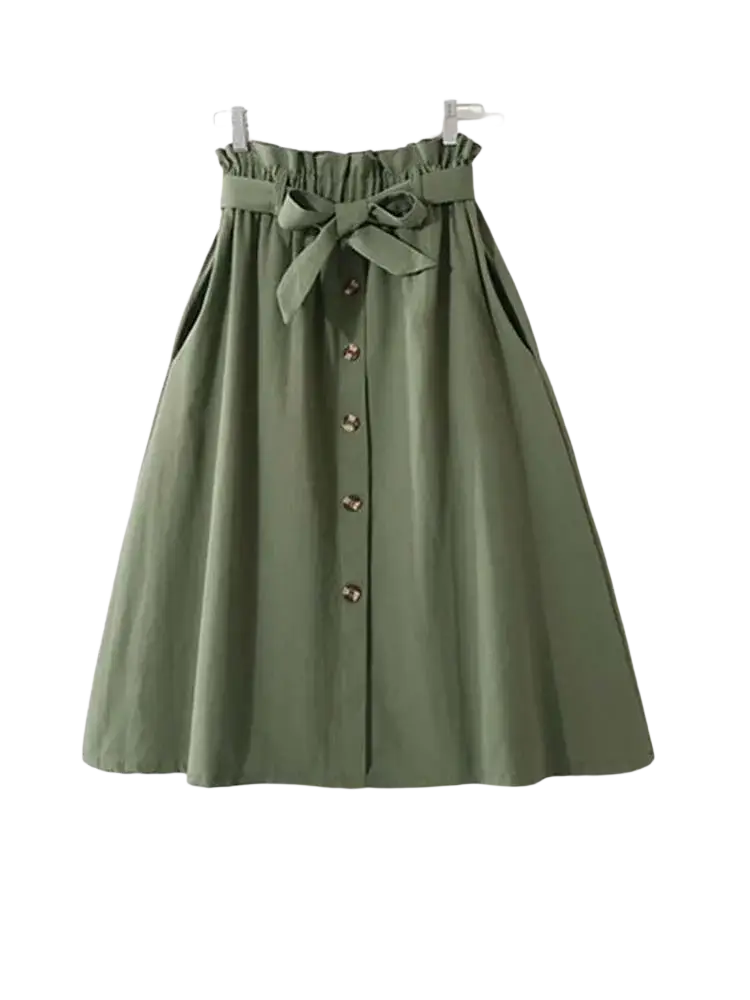 Olive green cotton midi skirt high waist a-line casual dress with ruffled elastic waistband front button closure and bow
