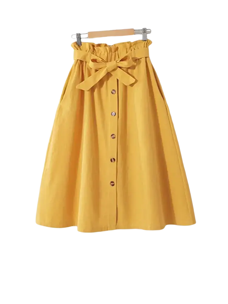 A vibrant yellow cotton midi skirt high waist a-line casual dress with gathered waistband bow and vertical front buttons
