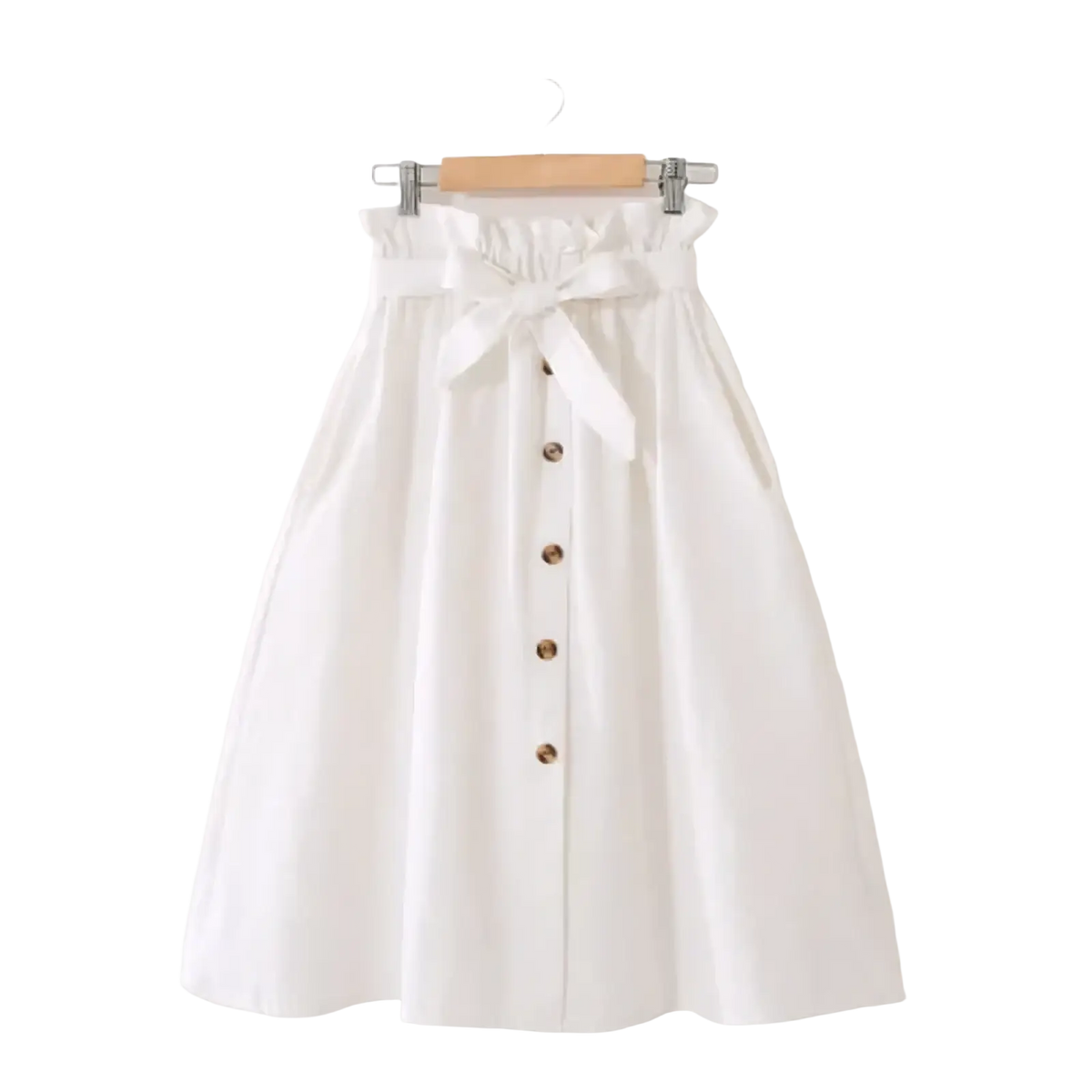 White cotton midi skirt high waist a-line casual dress with gathered waistband gold buttons and fabric bow at hip