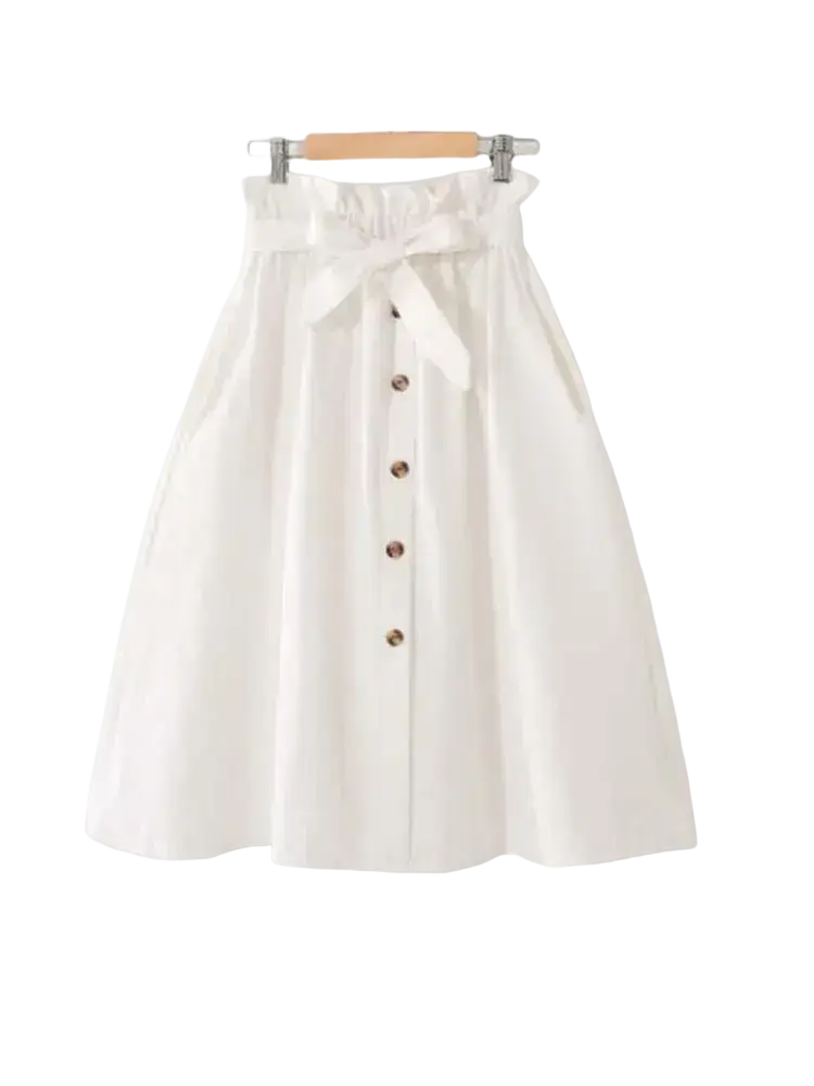 White cotton midi skirt with high waist, gathered waistband, front buttons, and bow tie at the hip for casual wear