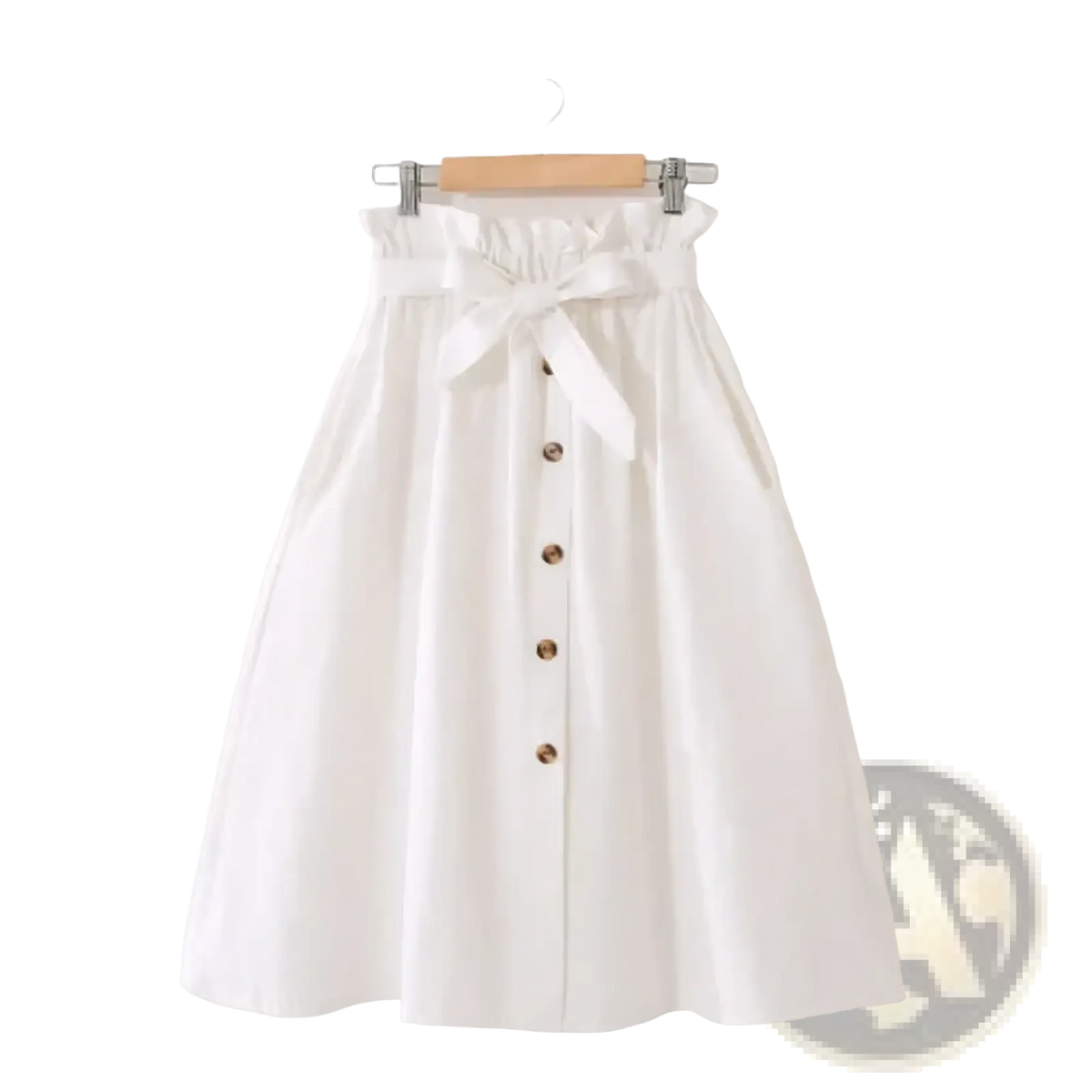 White cotton midi skirt high waist a-line casual dress with gathered waistband gold buttons and fabric bow at hip