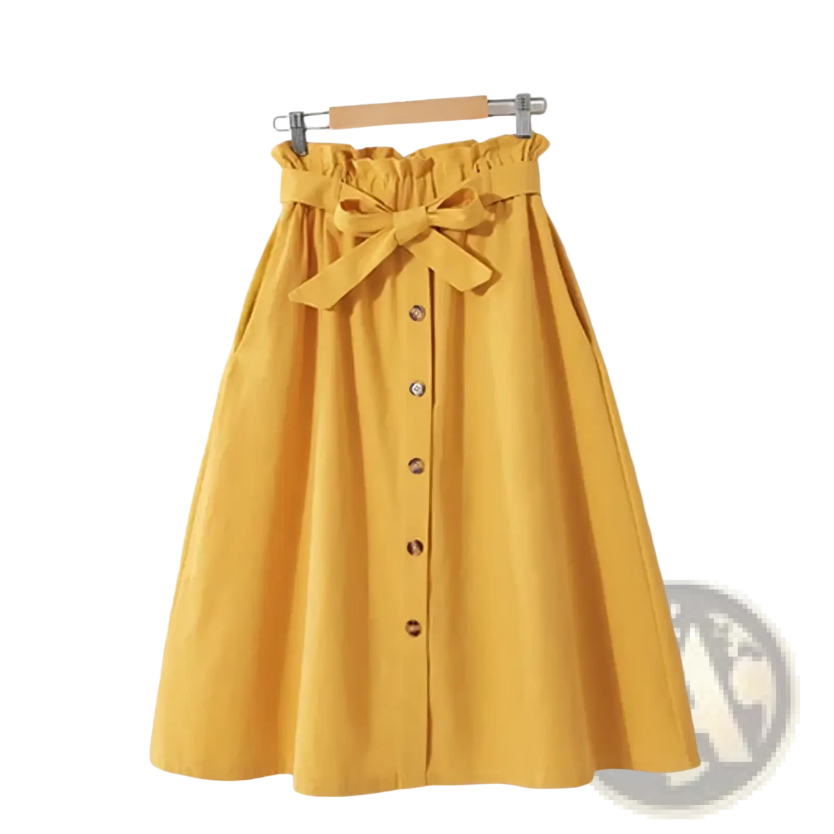 Yellow cotton high waist midi skirt with gathered waistband, front buttons, and matching fabric bow for casual wear