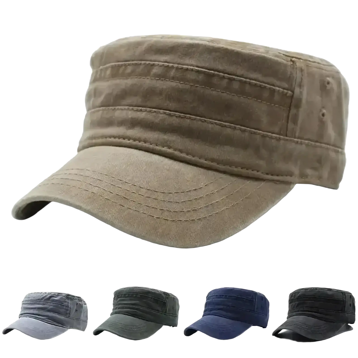 Beige cotton military cap with stitched detailing and curved brim vintage denim cadet hat
