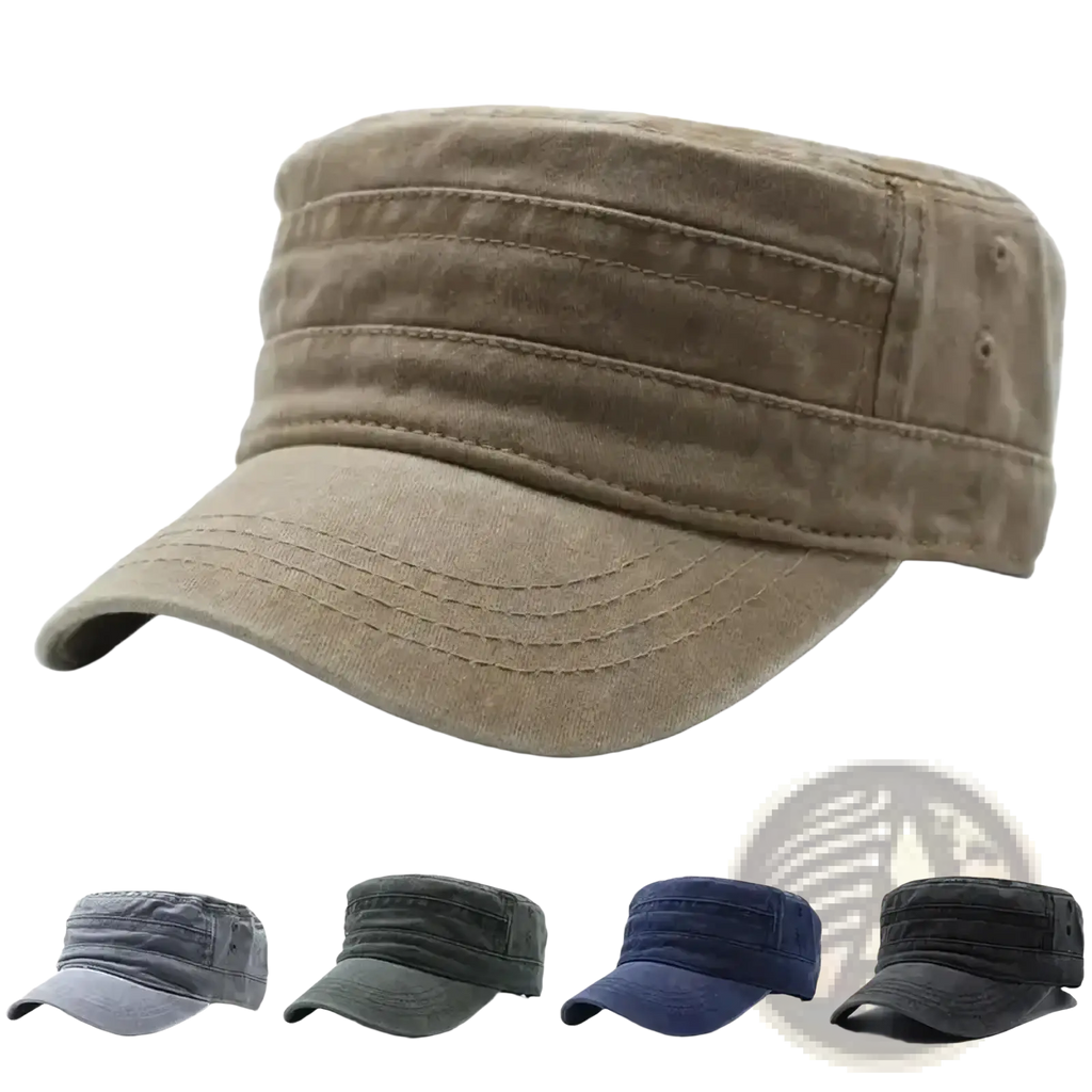 Beige cotton military cap with flat brim and stitched panel details styled as vintage denim cadet hat