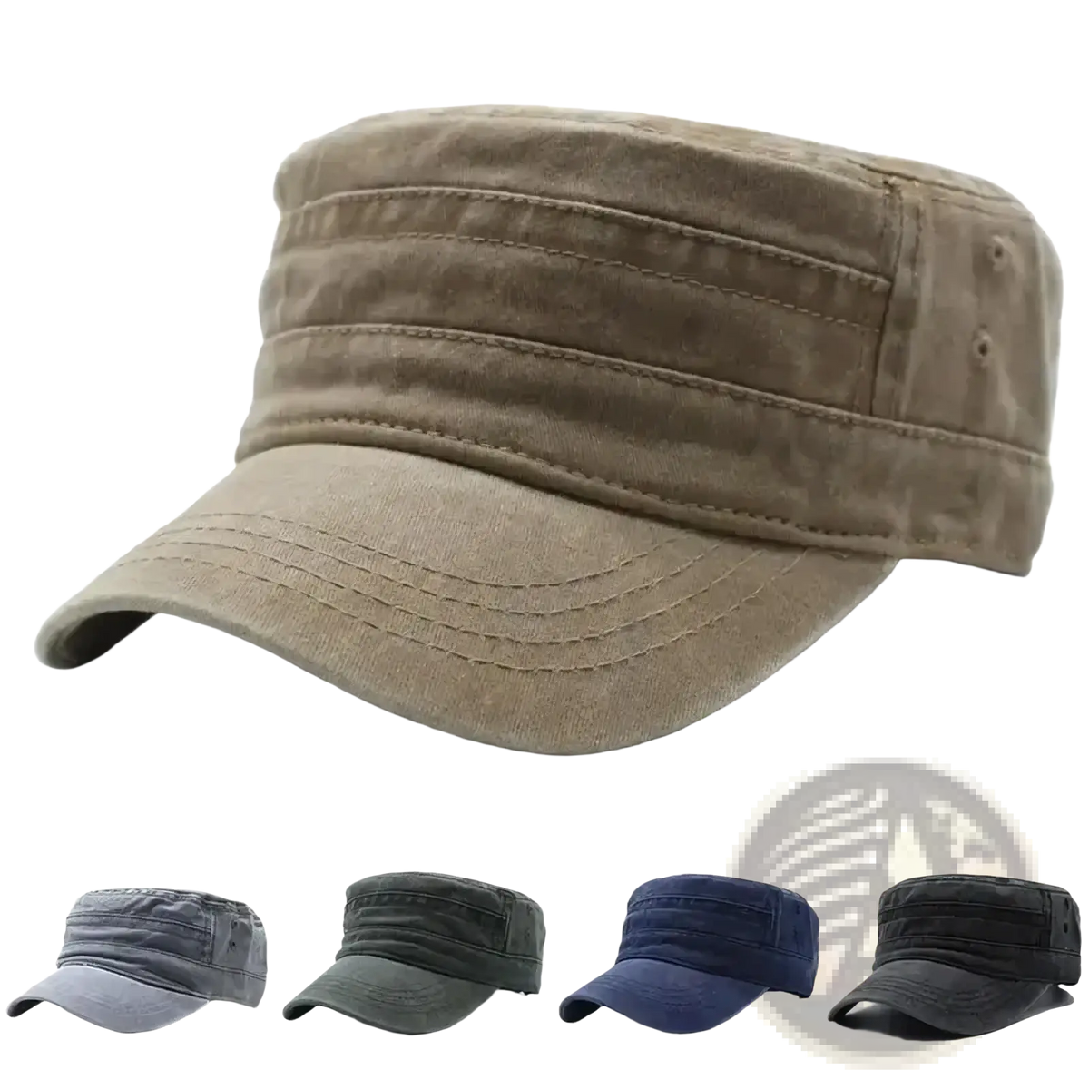 Beige cotton military cap with flat brim and stitched panel details styled as vintage denim cadet hat