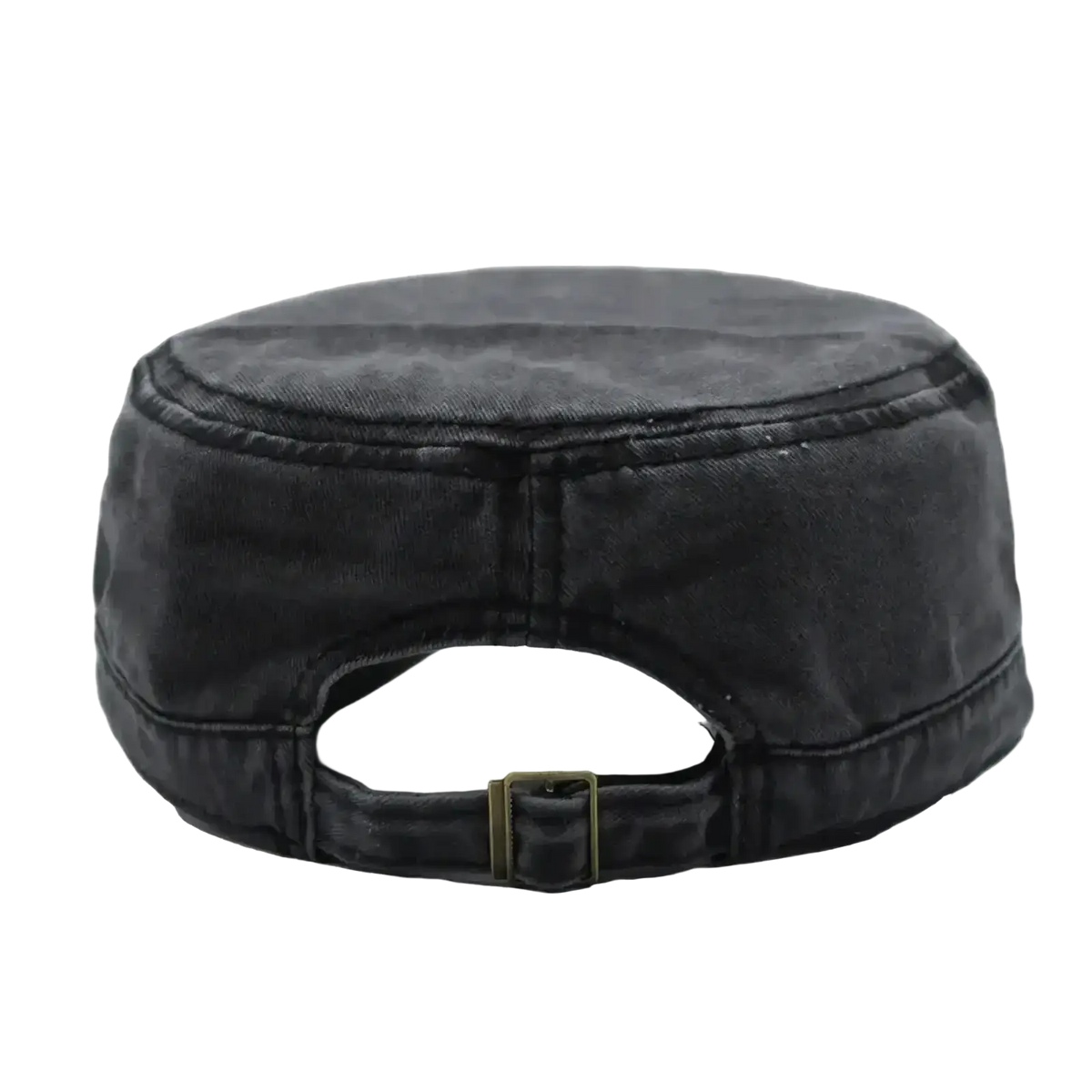 Black cotton military cap showing back with brass buckle and vintage worn texture in a structured denim cadet hat style