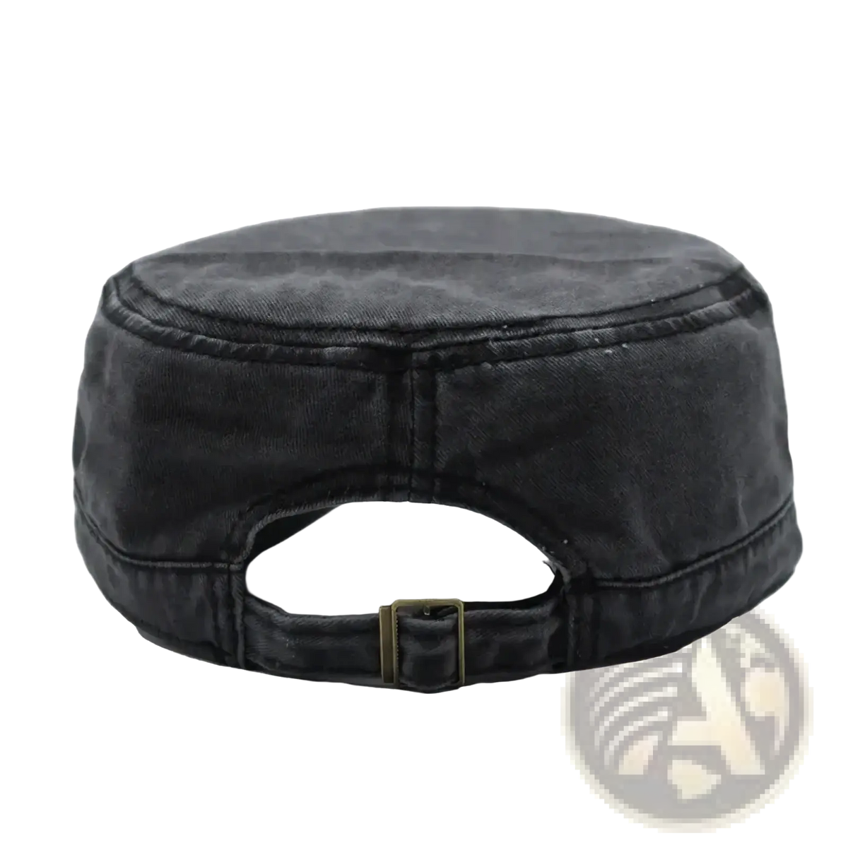 Black denim cotton military cap back with structured worn texture and brass-colored adjustable buckle vintage style