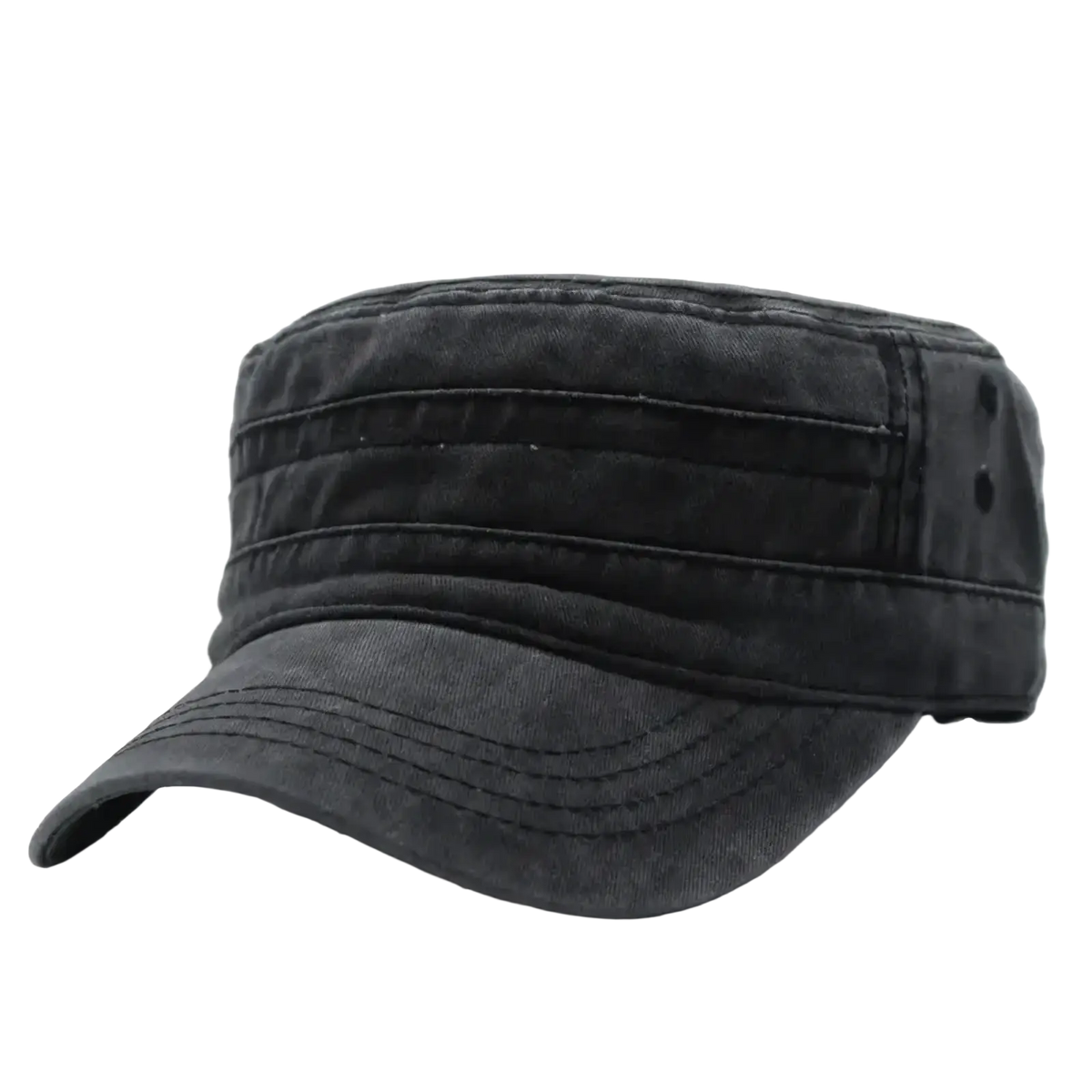 Black cotton military cap in vintage denim style with flat brim and stitched detailing for cadet hat use