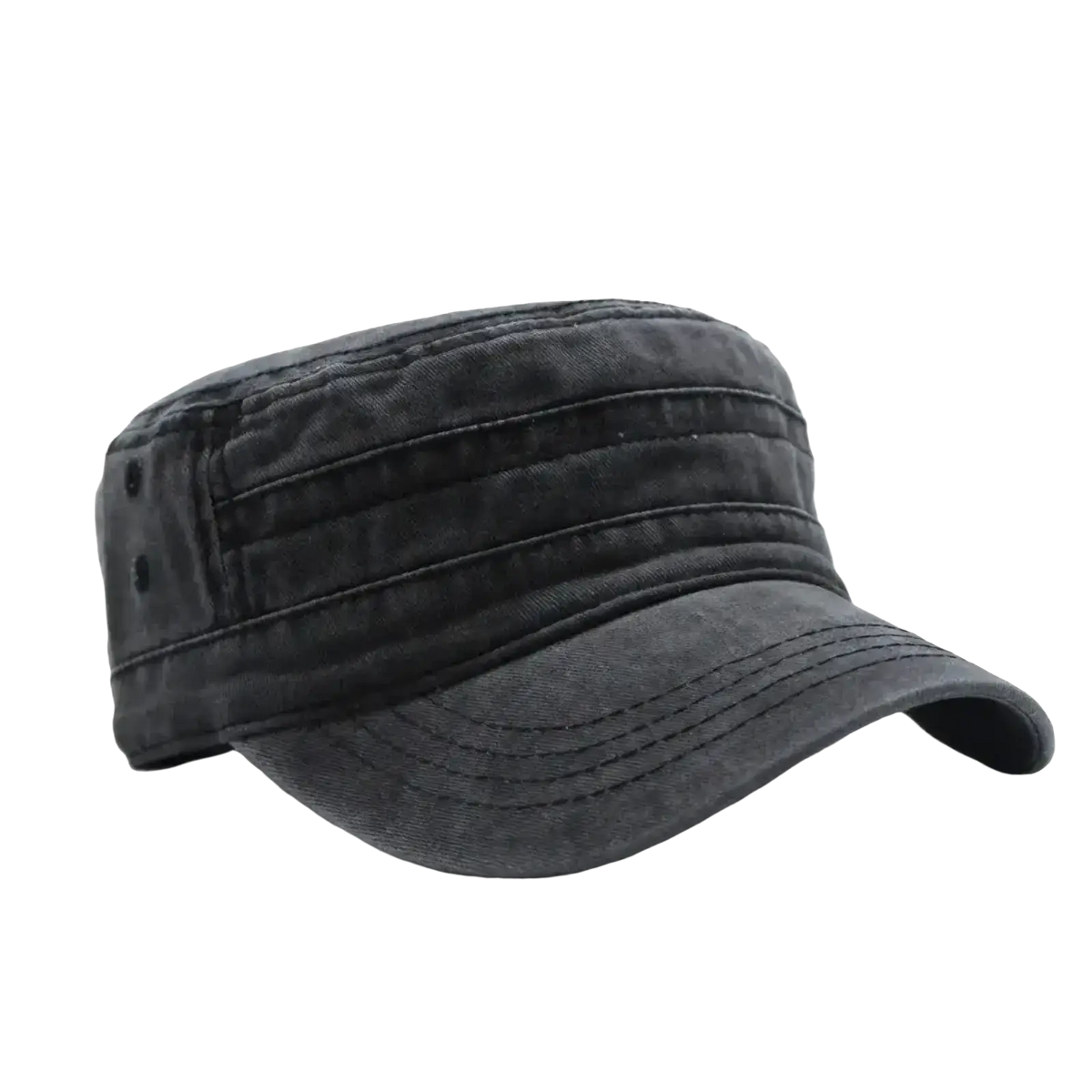 Black denim-style cotton military cap with structured fit, faded finish, and visible stitching details