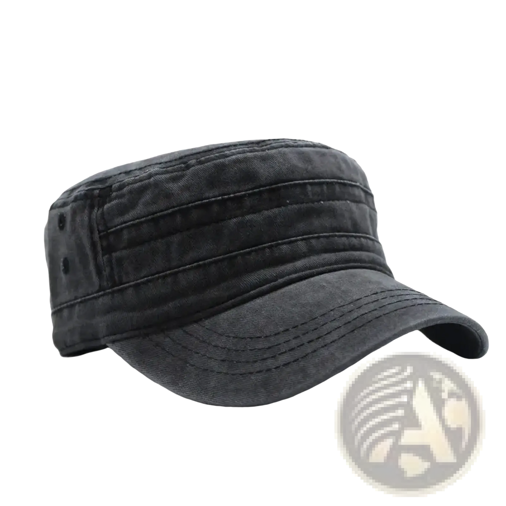 Black denim-style cotton military cap with curved brim and stitched panel details for vintage cadet hat look