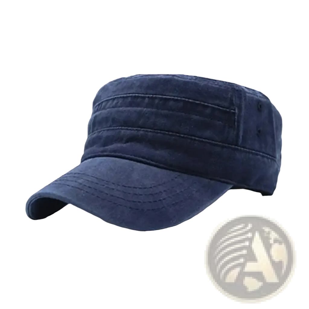 Navy blue denim cotton military cap with flat brim and stitched details vintage cadet hat front view