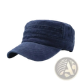 Navy blue denim cotton military cap with flat brim and stitched details vintage cadet hat front view