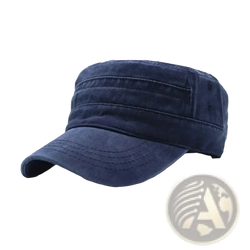 Navy blue denim cotton military cap with flat brim and stitched details vintage cadet hat front view