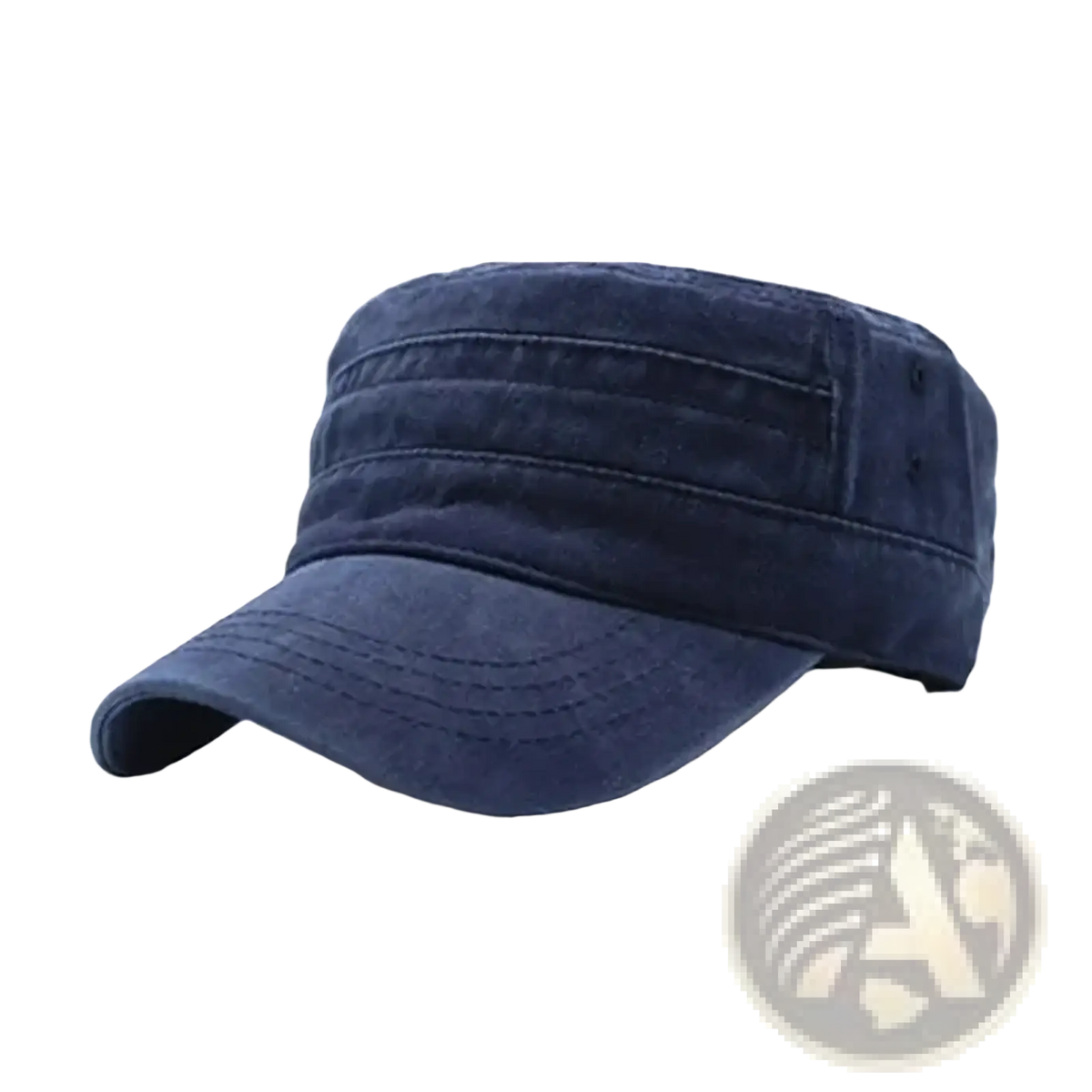 Navy blue denim cotton military cap with flat brim and stitched details vintage cadet hat front view