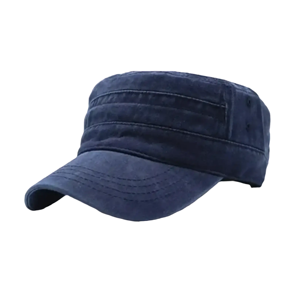 Dark blue cotton military cap with flat brim and stitched detailing vintage denim cadet hat