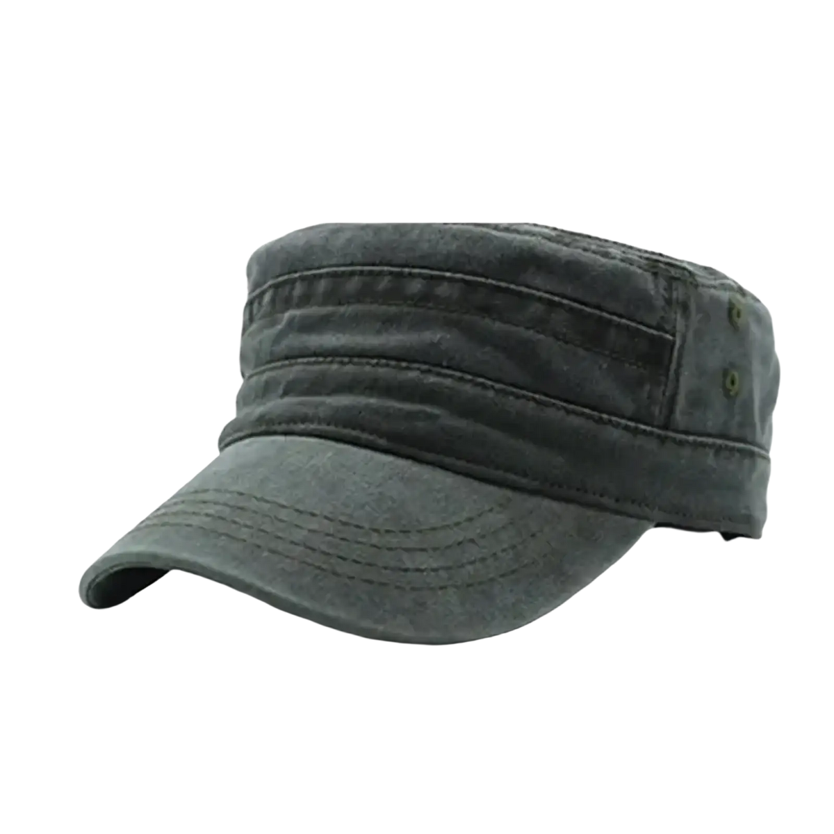 Dark green cotton military cap with structured flat brim and visible stitching detailing in vintage denim style