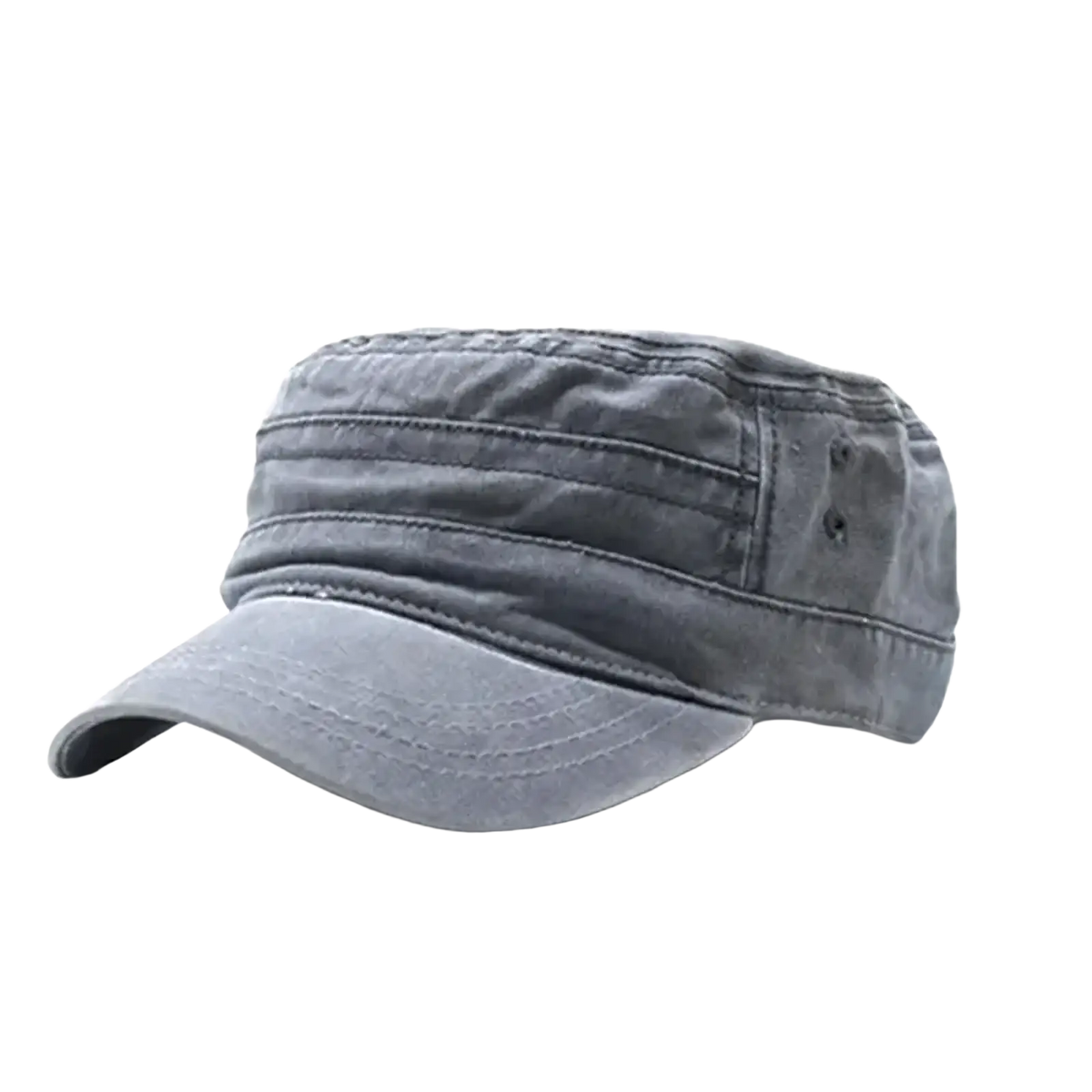 Faded gray cotton military cap with structured wrinkled crown and stitched detailing vintage denim cadet hat
