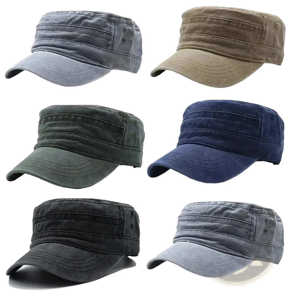 Six cotton military caps in vintage denim style displayed in muted gray beige green and navy tones