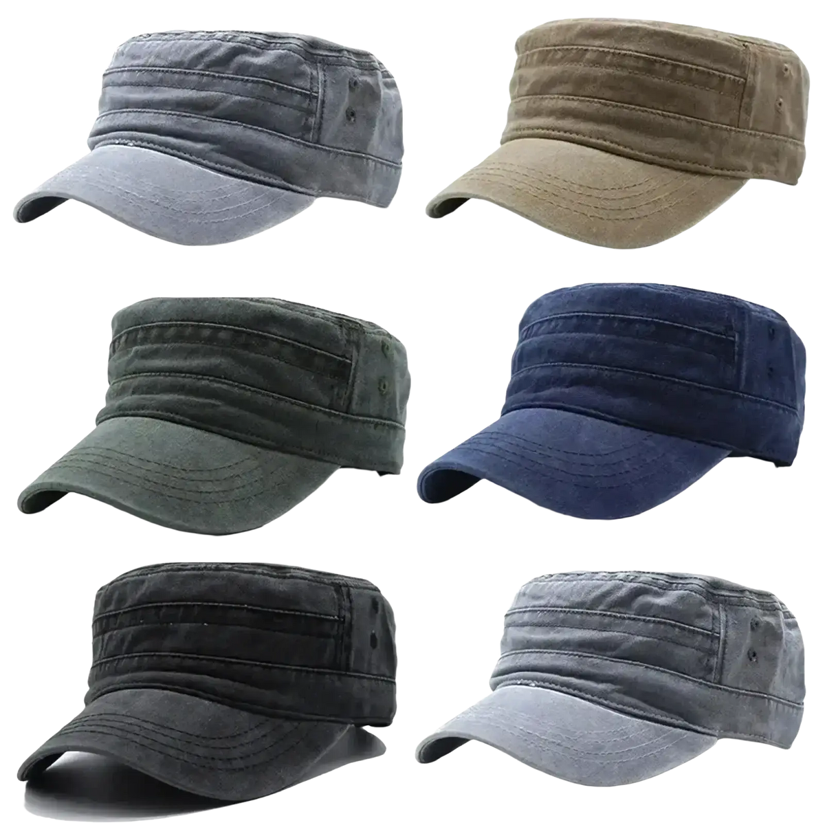 Six-tone cotton military caps in faded gray tan olive green navy blue black and light gray cotton military cap designs