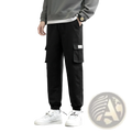 Black cotton cargo joggers with multiple pockets and a drawstring waistband for techwear functionality
