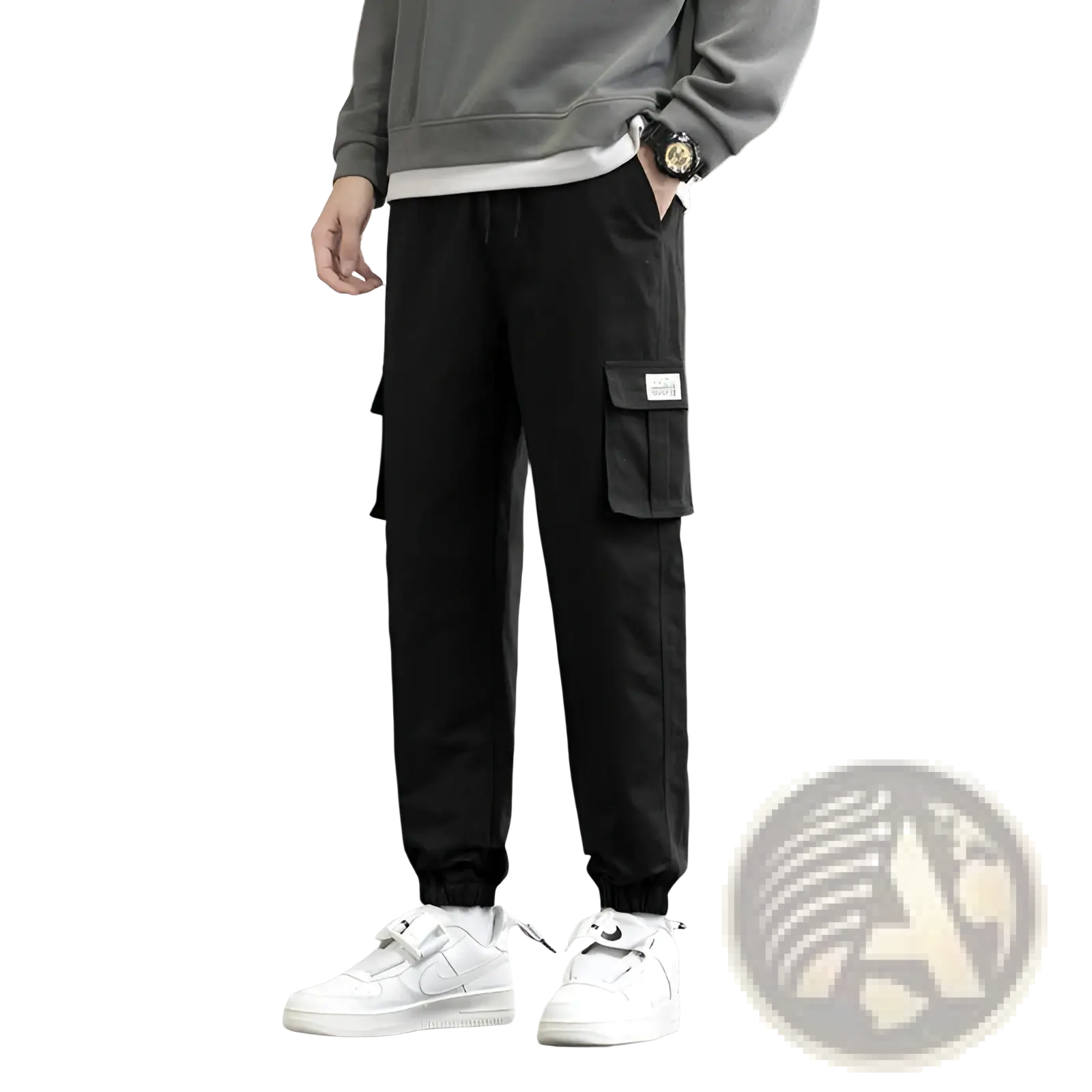 Black cotton cargo joggers with multiple pockets and a drawstring waistband for techwear functionality