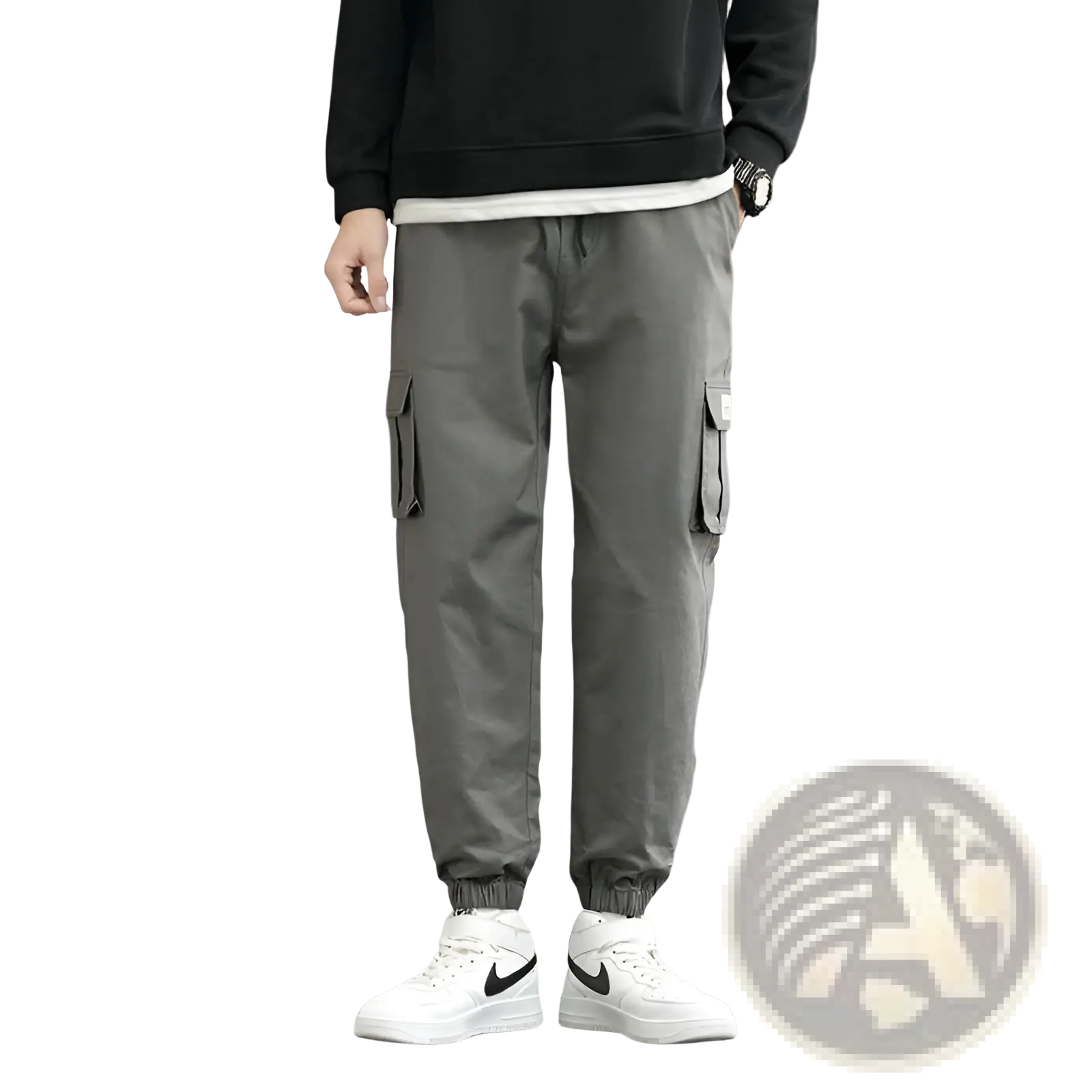 Gray cotton multi pocket techwear cargo joggers with elastic cuffs and side pockets for functional casual wear