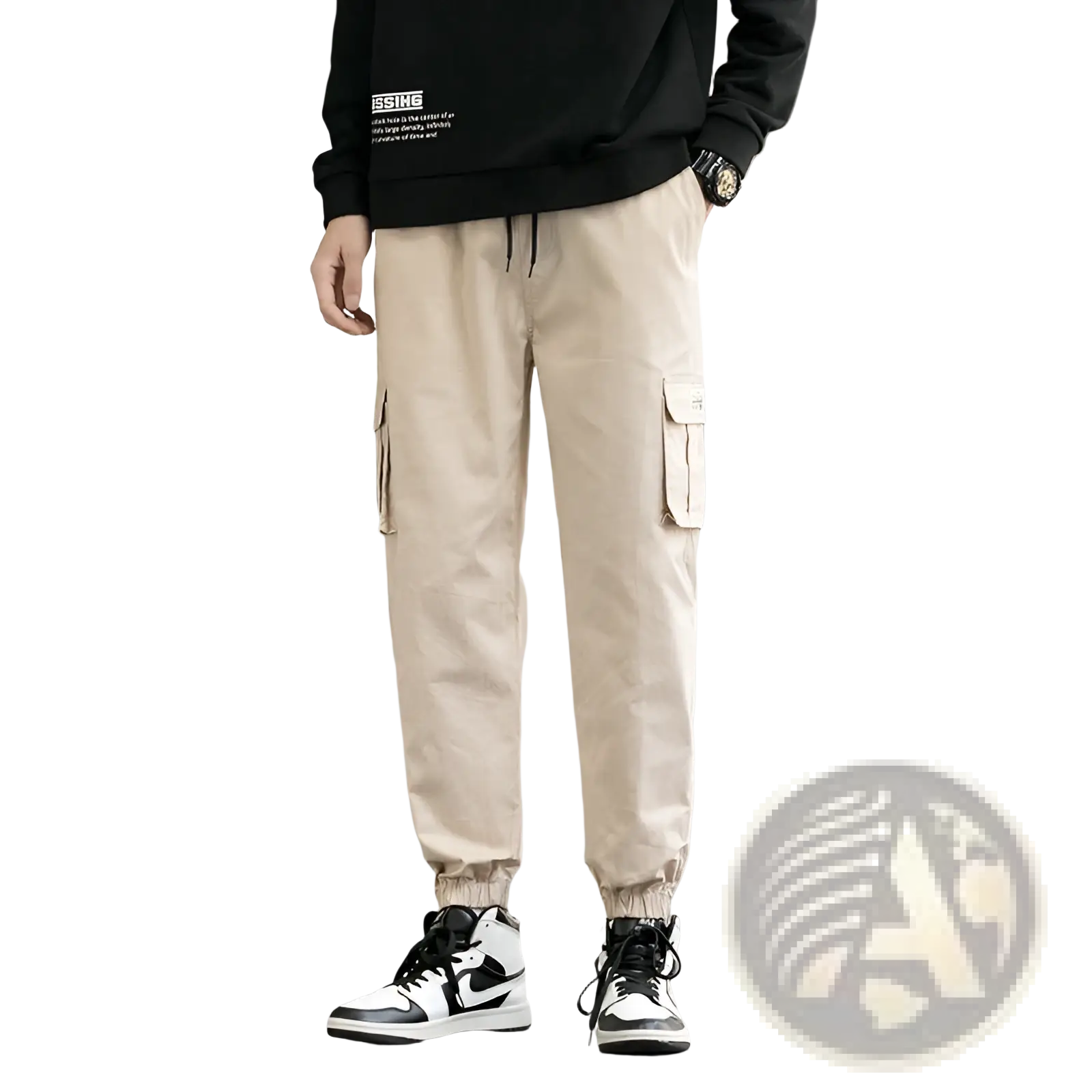 Beige cotton techwear cargo joggers with multiple side pockets and elastic cuffs for functional casual wear
