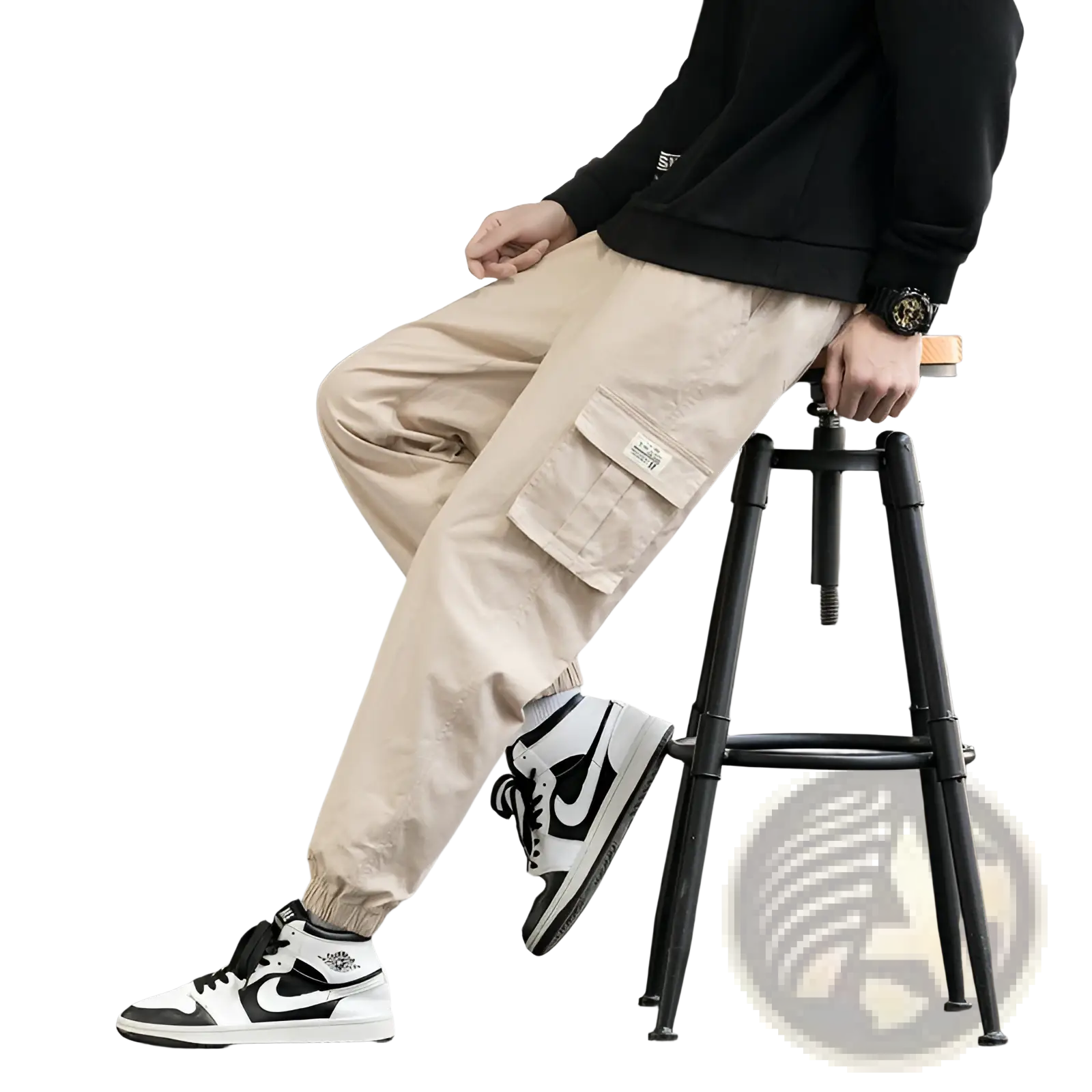 Beige cotton multi pocket techwear cargo joggers with multiple pockets and a drawstring waistband