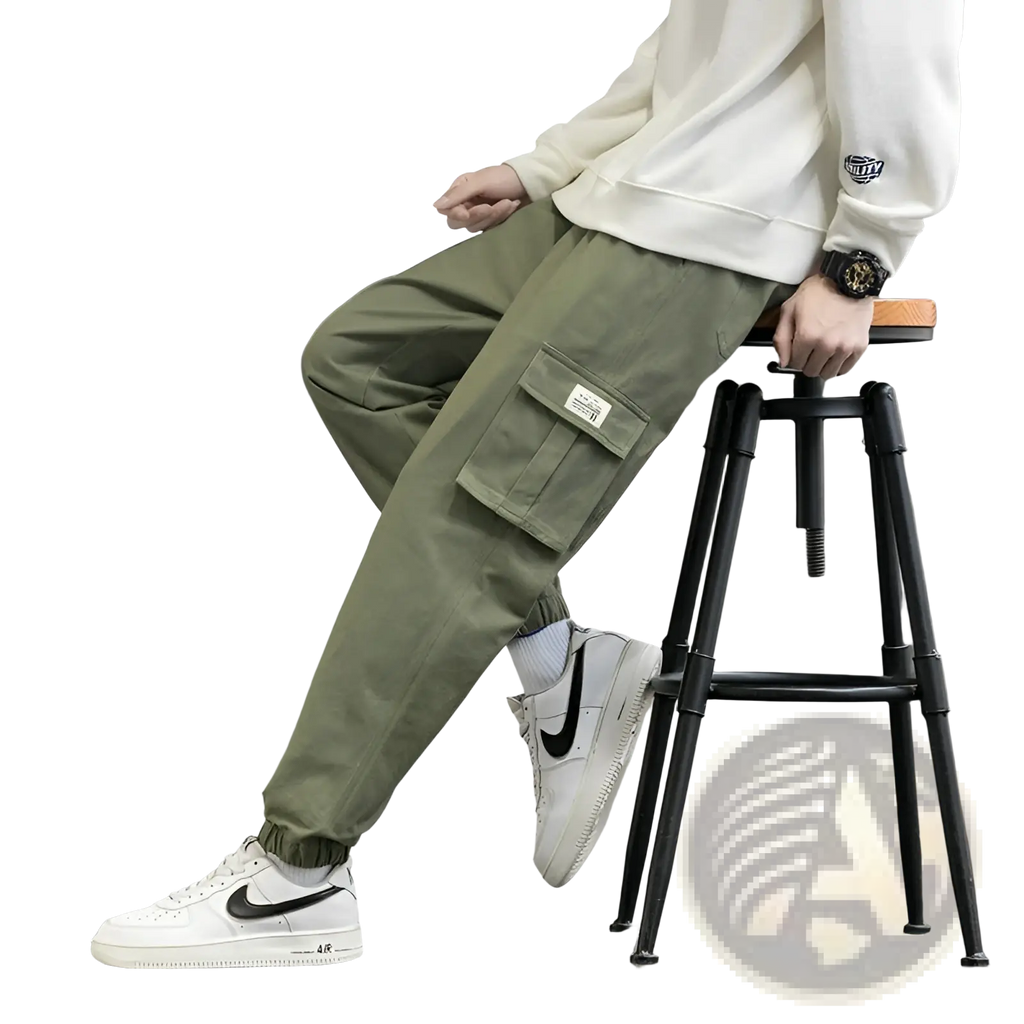 Olive green cotton cargo joggers with multiple pockets and drawstring waistband designed for techwear use