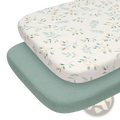 Cotton muslin fitted crib sheet set in soft cream with delicate botanical pattern in muted greens and yellows