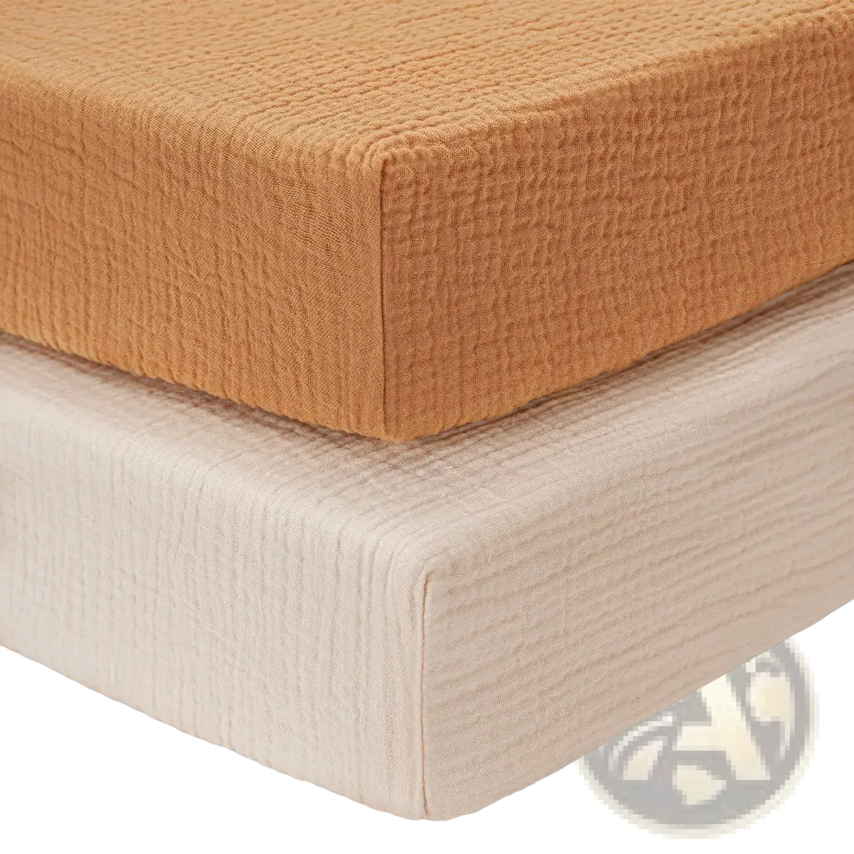 Tan-colored cotton muslin crib sheet set with textured subtle crinkled weave for baby bedding use