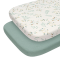 Cotton muslin fitted crib sheet set in soft cream with delicate botanical pattern in muted greens and yellows