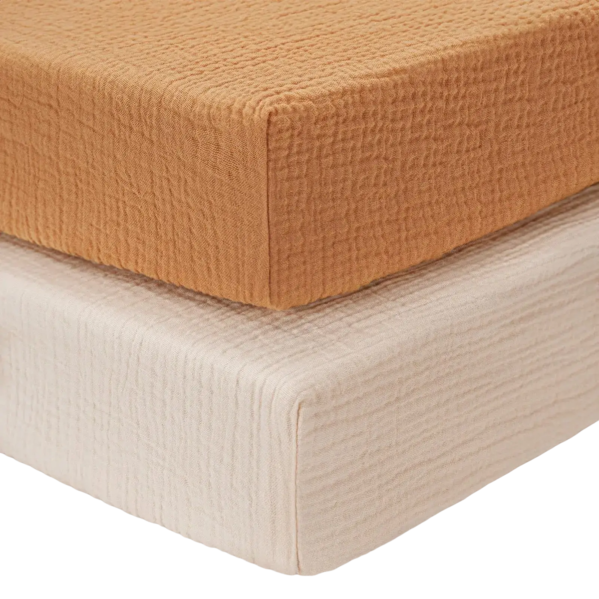Tan-colored cotton muslin crib sheet set with textured subtle crinkled weave for baby bedding use