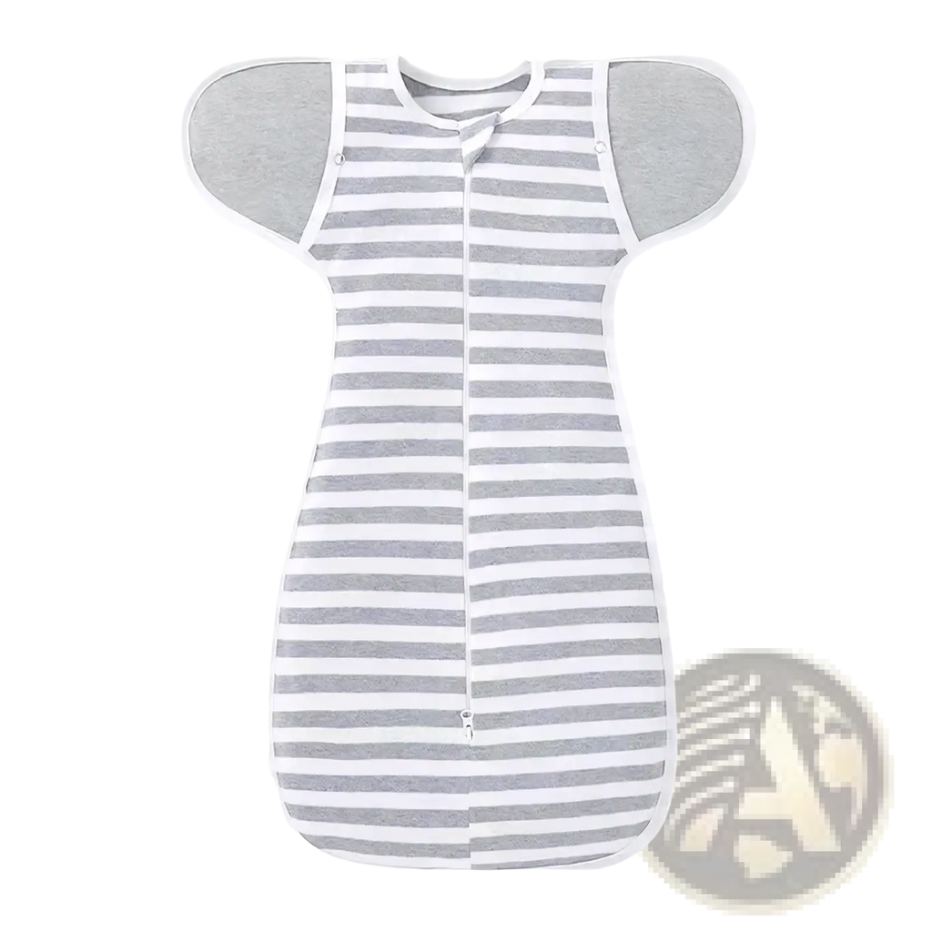 Gray and white striped cotton newborn swaddle sleep sack with soft fabric sleeves for 0-6 months baby