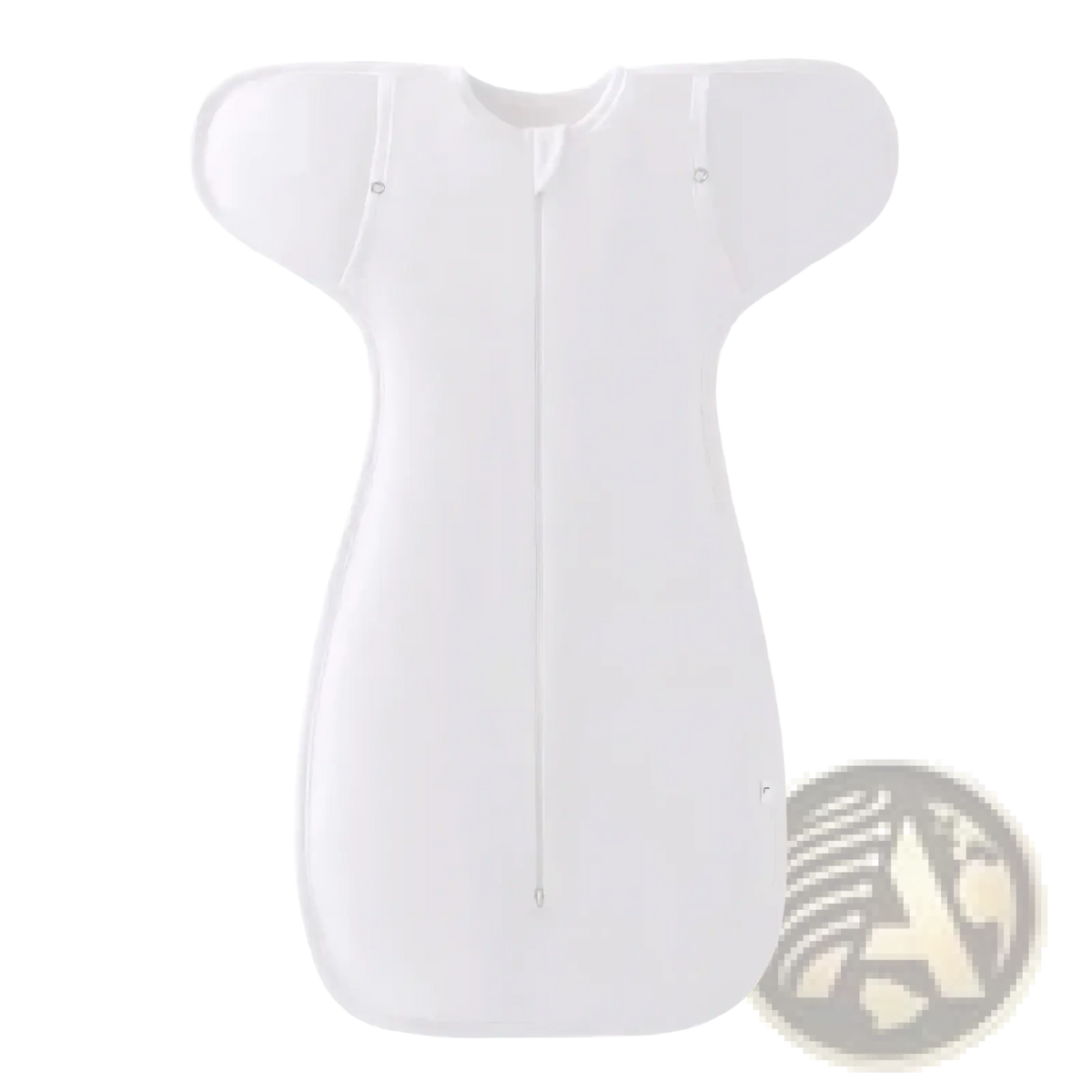 White cotton newborn swaddle sleep sack with soft fabric full-length zipper and rounded armholes for 0-6 months