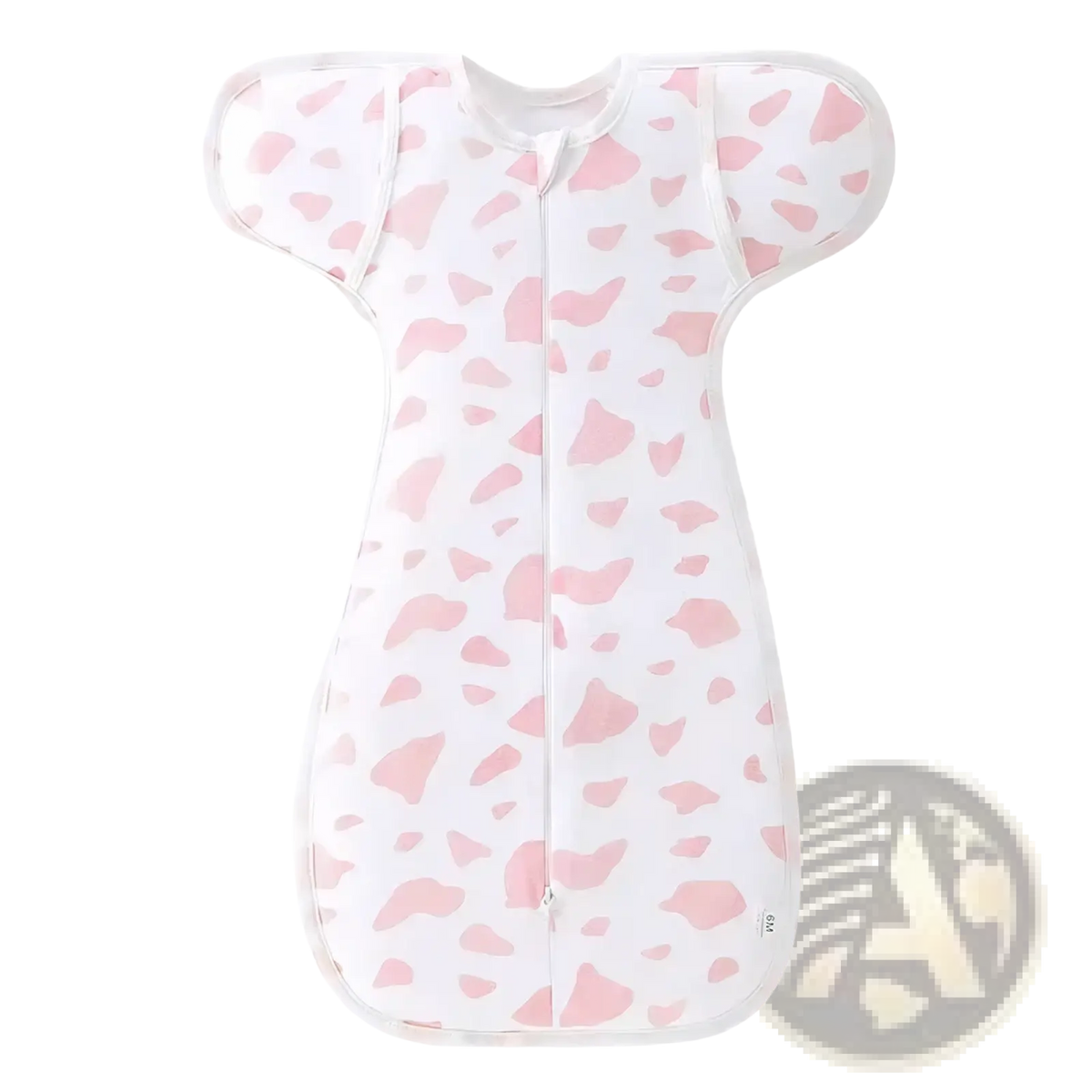 Cotton newborn swaddle sleep sack 0-6 months in pink and white cow print with full-length zipper for easy use
