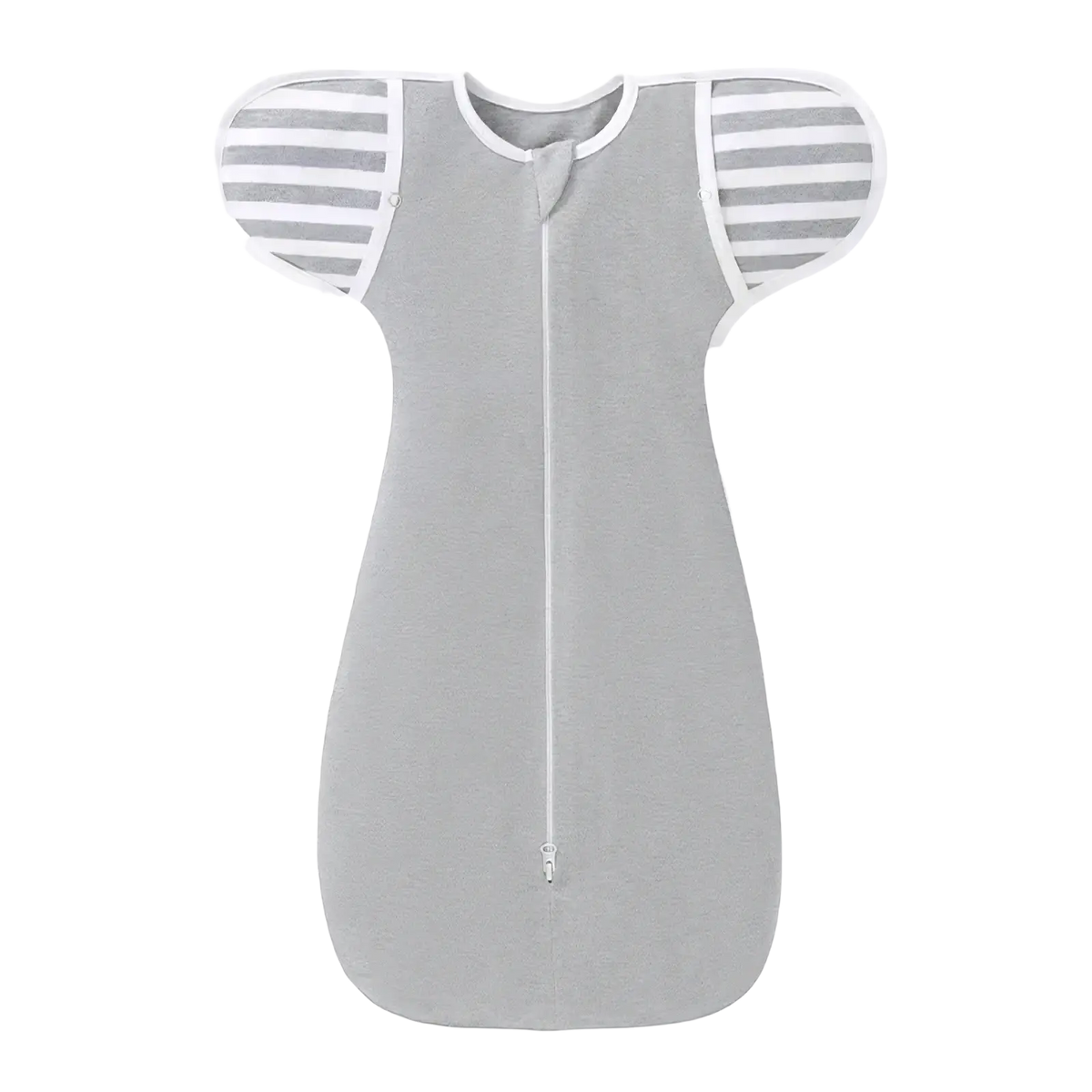 Gray cotton newborn swaddle sleep sack with white striped sleeves and central zipper for 0-6 months baby