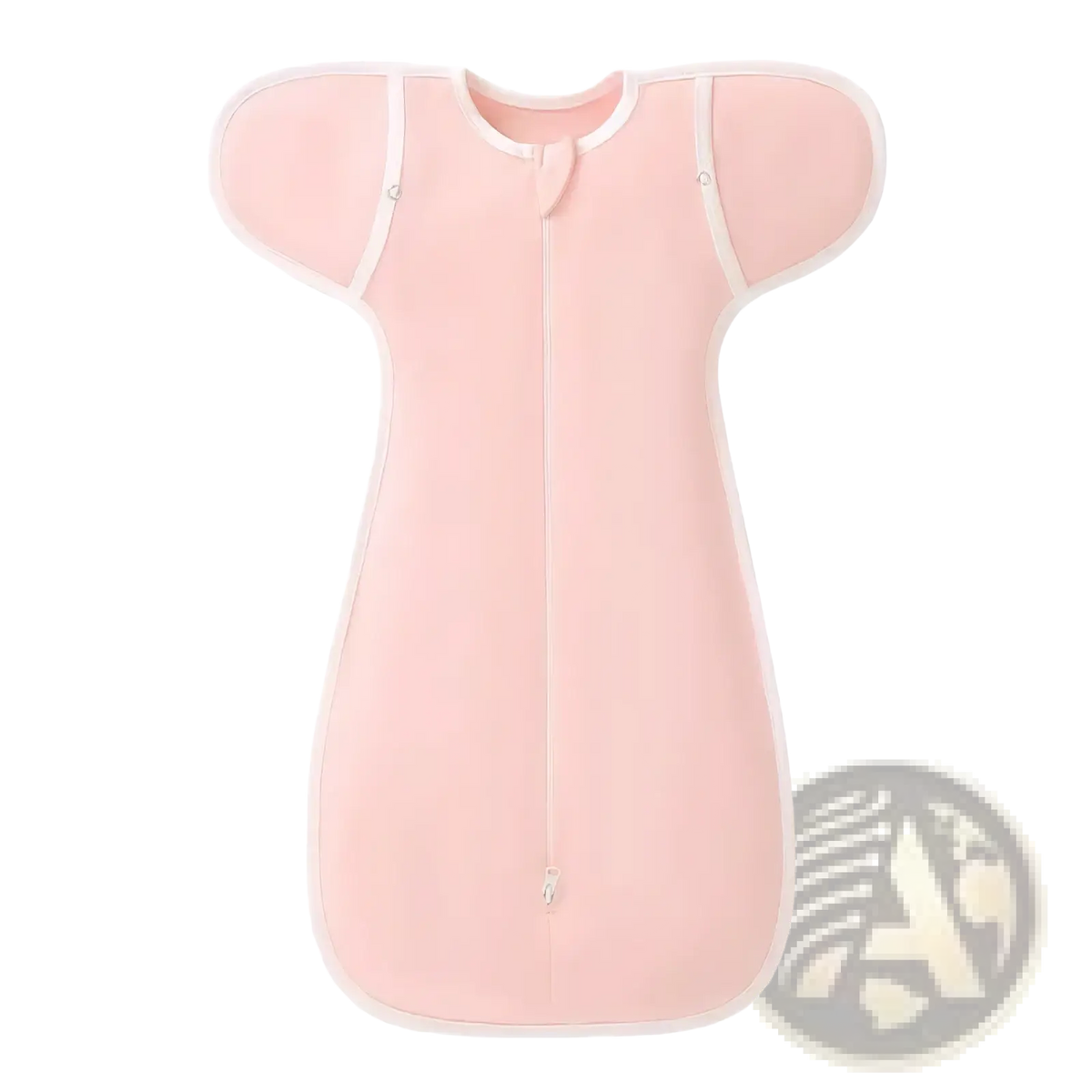 Cotton newborn swaddle sleep sack 0-6 months in pink with white trim and full-length front zipper for easy use