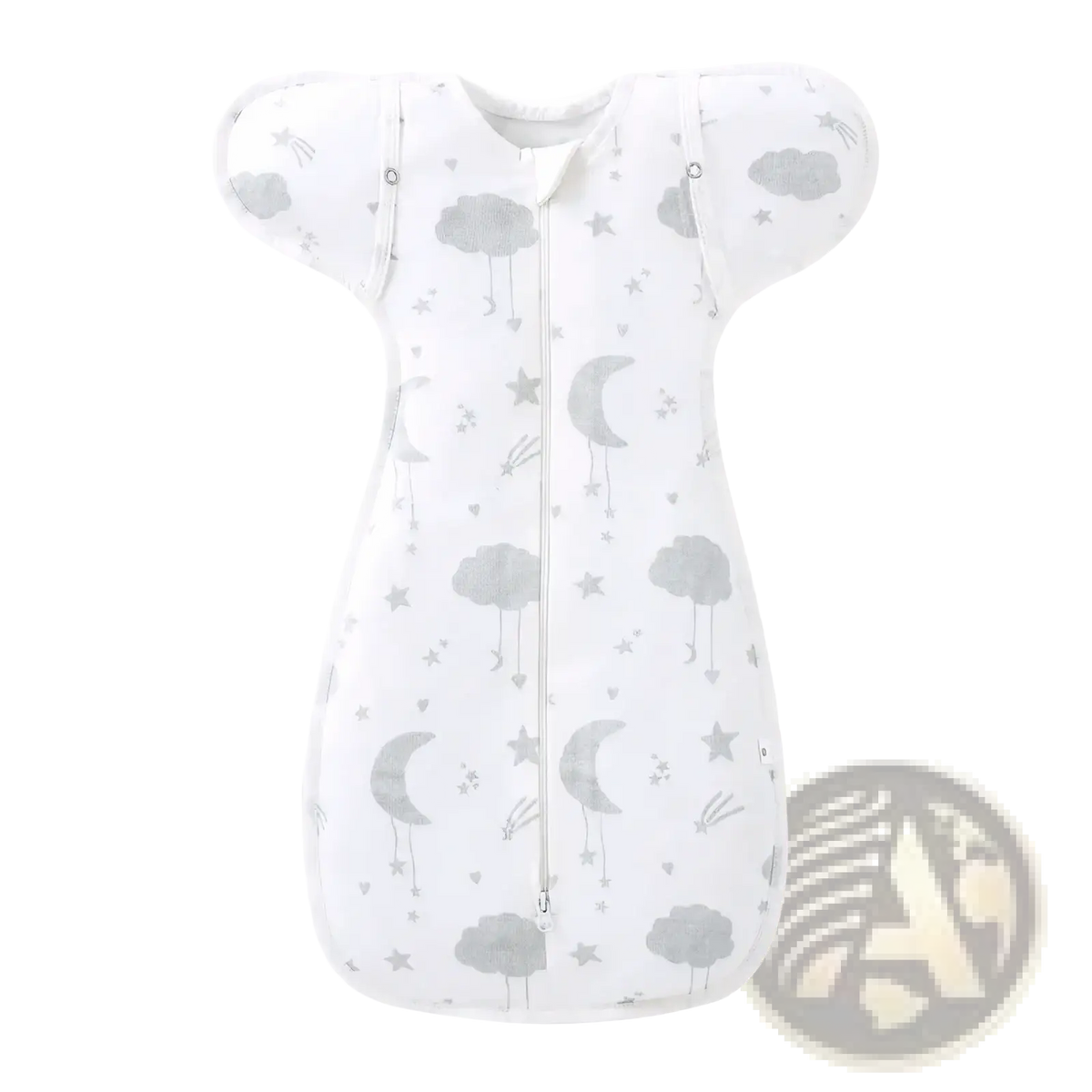 White cotton newborn swaddle sleep sack with gray cloud moon and star patterns for 0-6 months infant use
