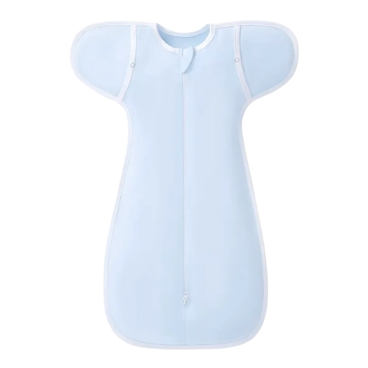 Light blue cotton newborn swaddle sleep sack with white trim and full-length front zipper for 0-6 months infants