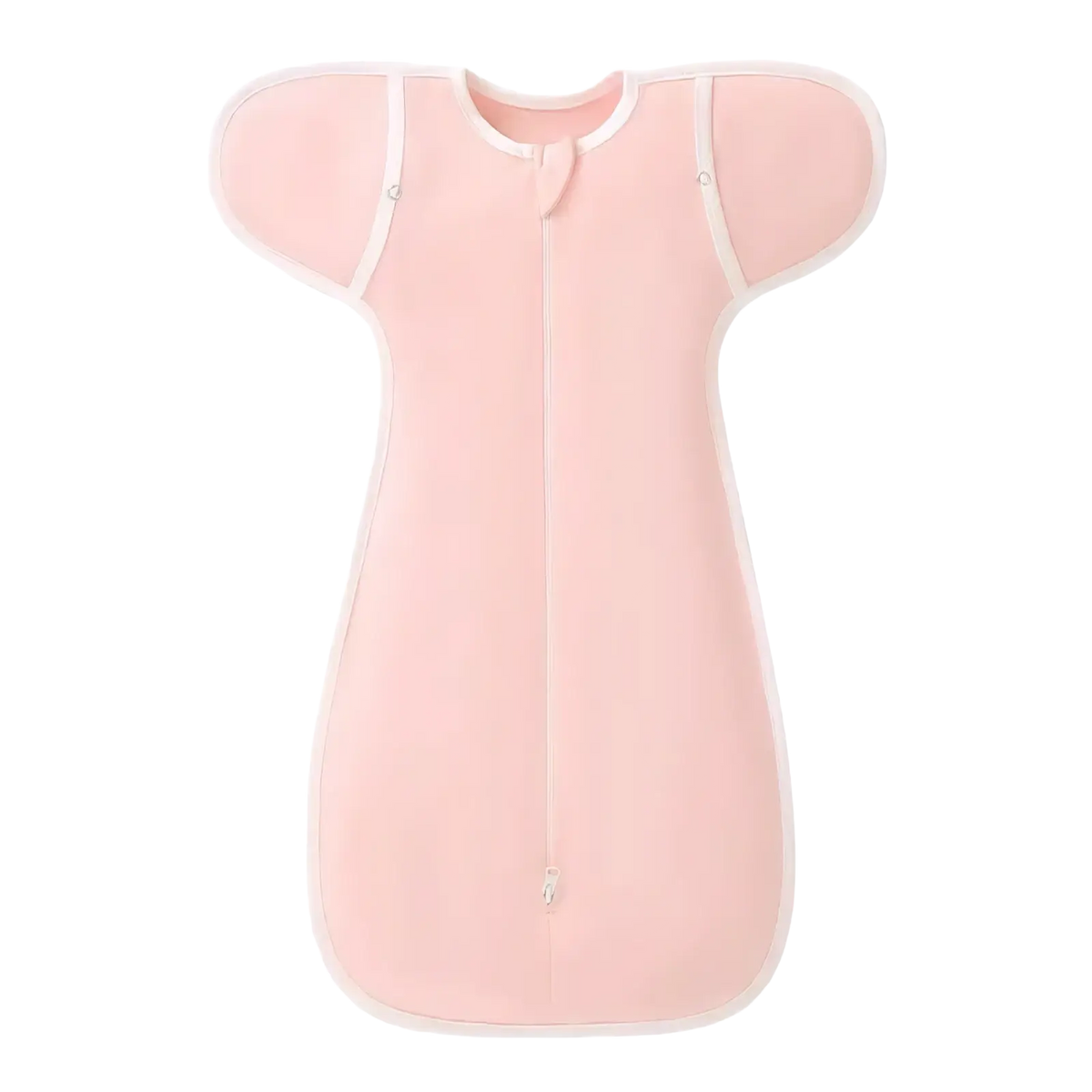 Cotton newborn swaddle sleep sack 0-6 months in pink with white trim and full-length front zipper for easy use