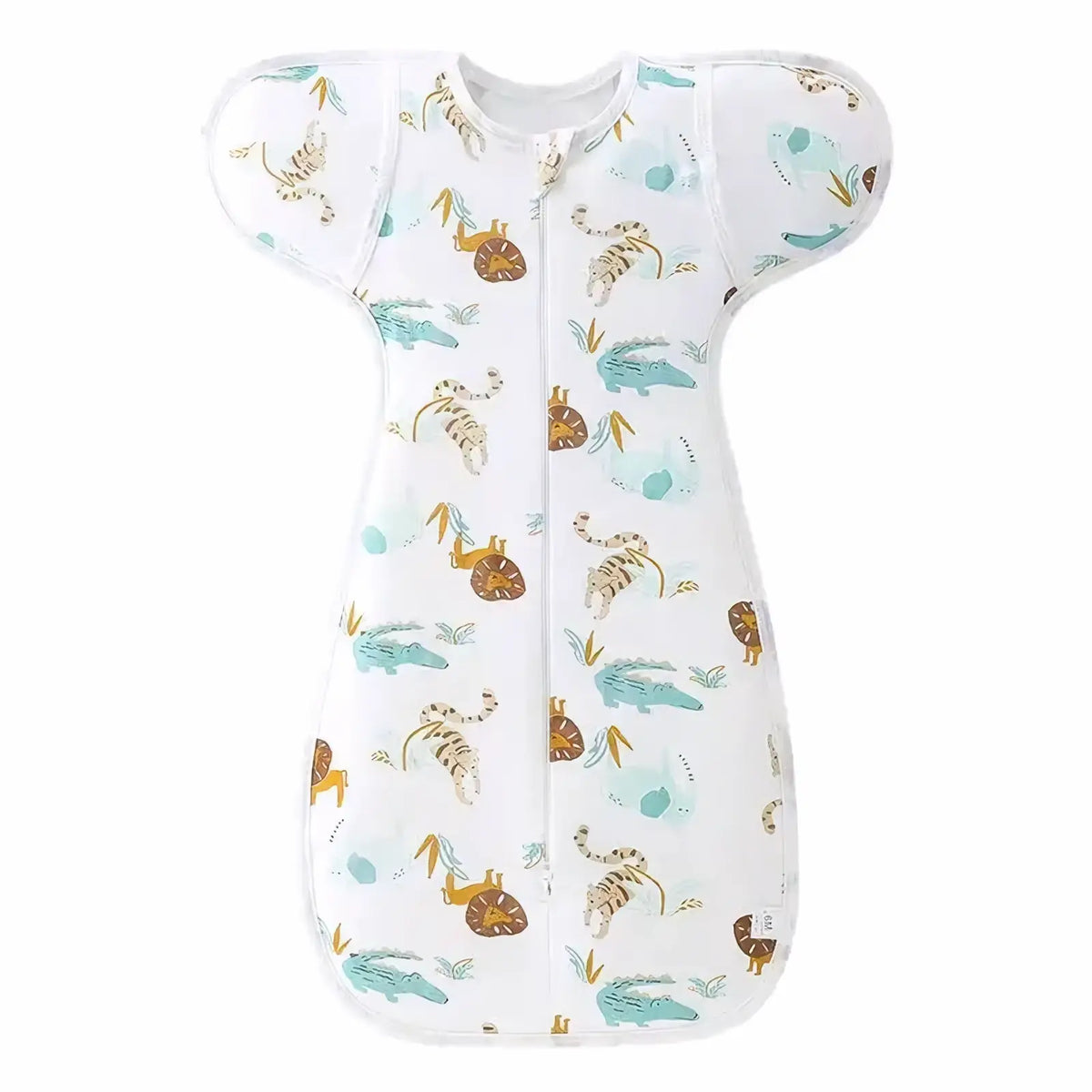 Cotton newborn swaddle sleep sack 0-6 months white with playful teal alligators orange tigers brown lions on soft fabric