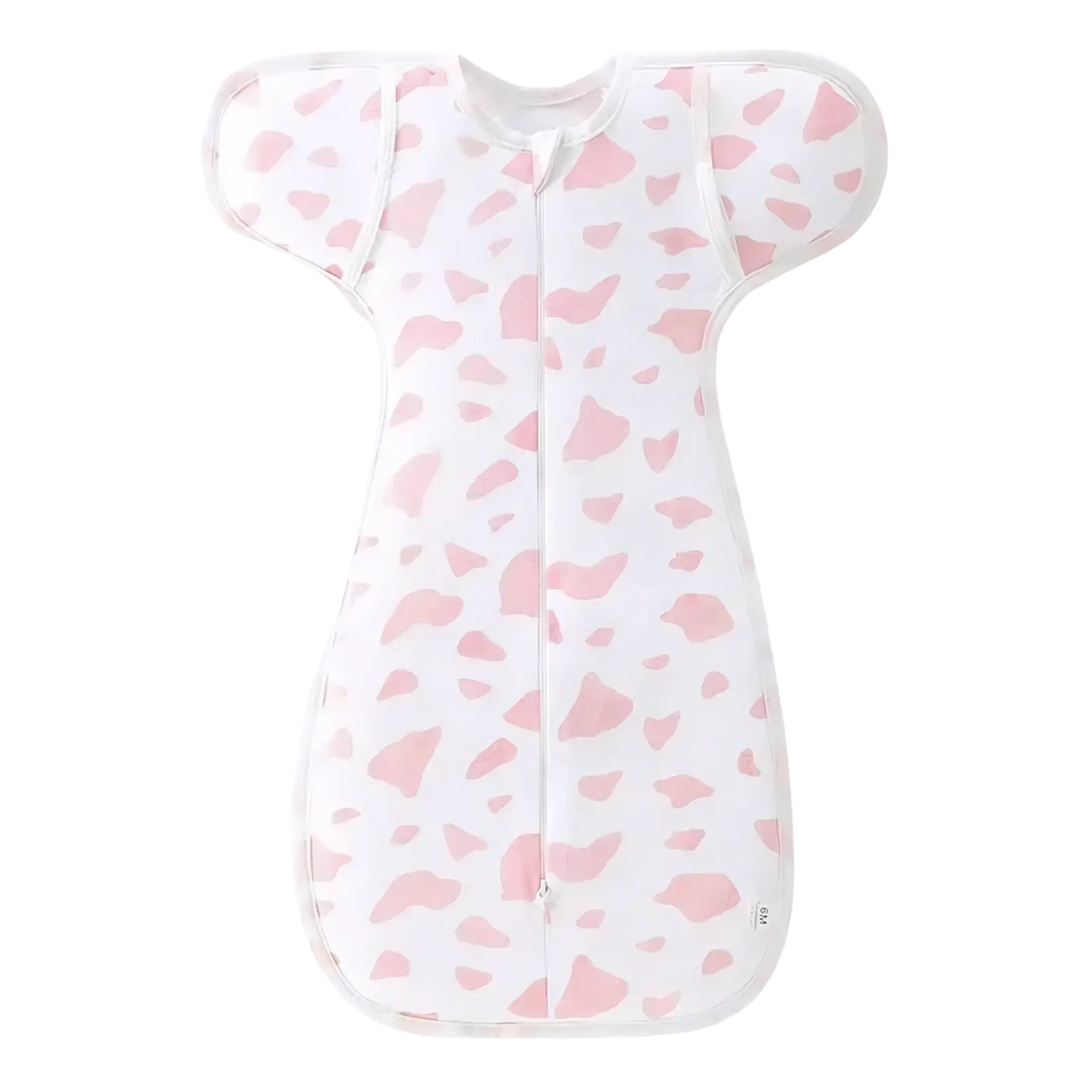 Cotton newborn swaddle sleep sack 0-6 months in pink and white cow print with full-length zipper for easy use