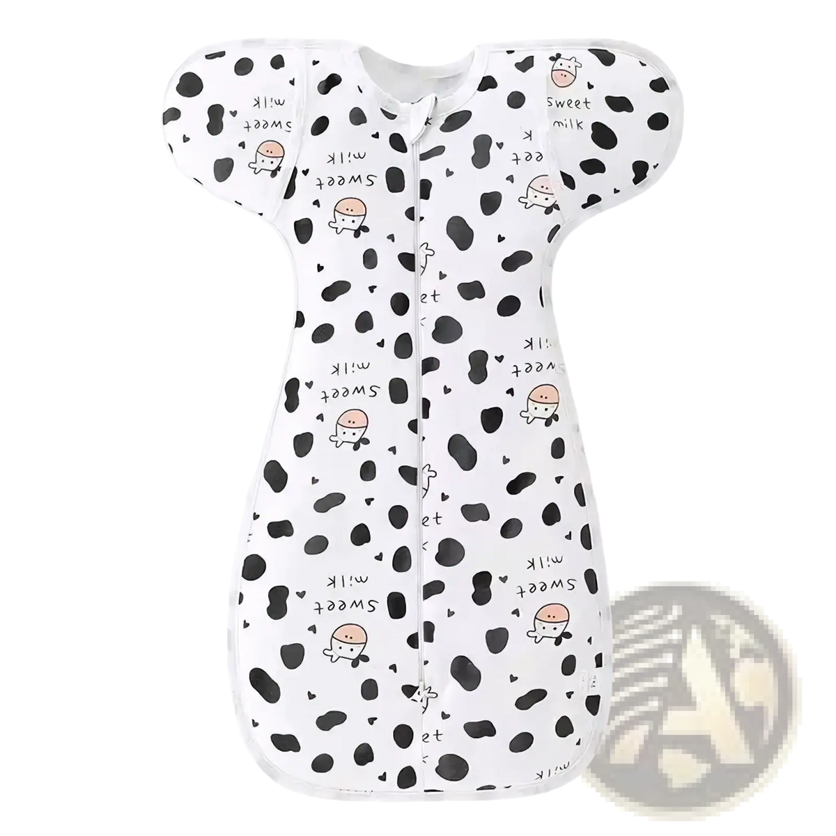 Cotton newborn swaddle sleep sack for 0-6 months in white with black cow print soft fabric and front zipper closure