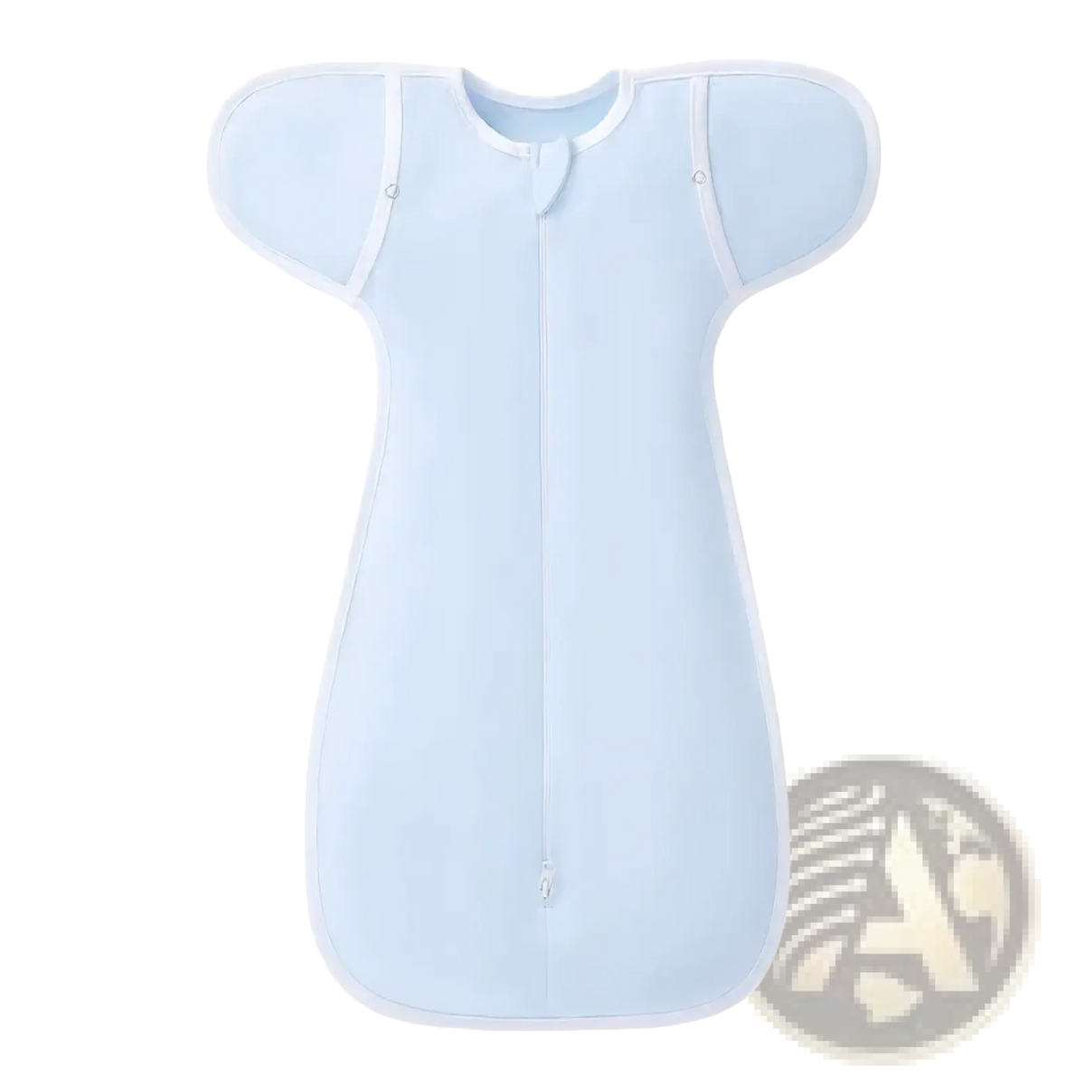 Light blue cotton newborn swaddle sleep sack with white trim and full-length front zipper for 0-6 months infants