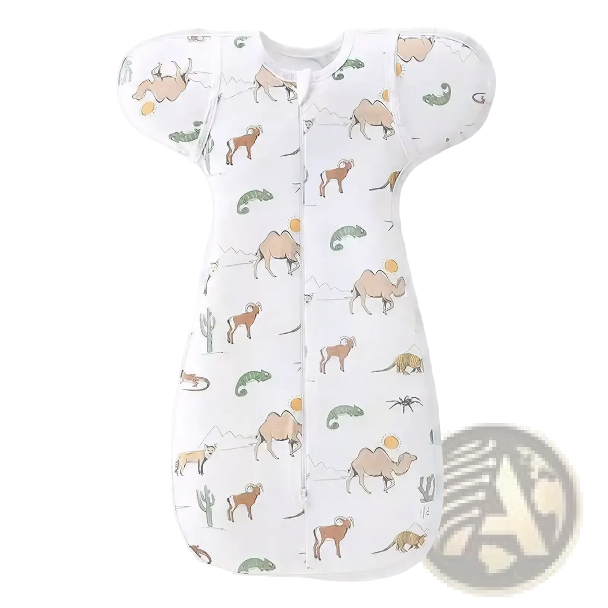 White cotton newborn swaddle sleep sack with playful desert animal print featuring camels goats chameleons and cacti