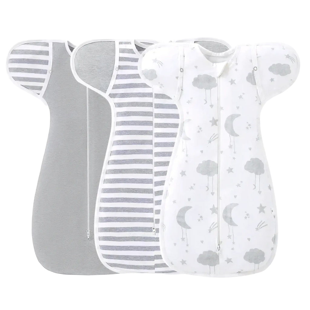 Three cotton newborn swaddle sleep sacks in soft gray and white with stripes and cloud and moon designs for 0-6 months