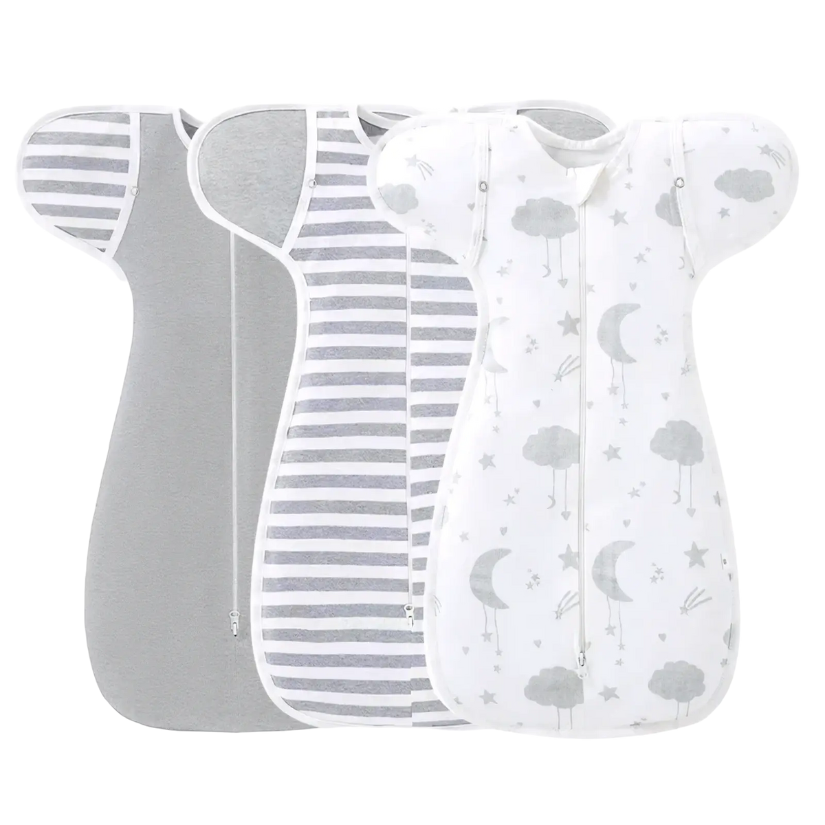 Three cotton newborn swaddle sleep sacks in soft gray and white with stripes and cloud and moon designs for 0-6 months